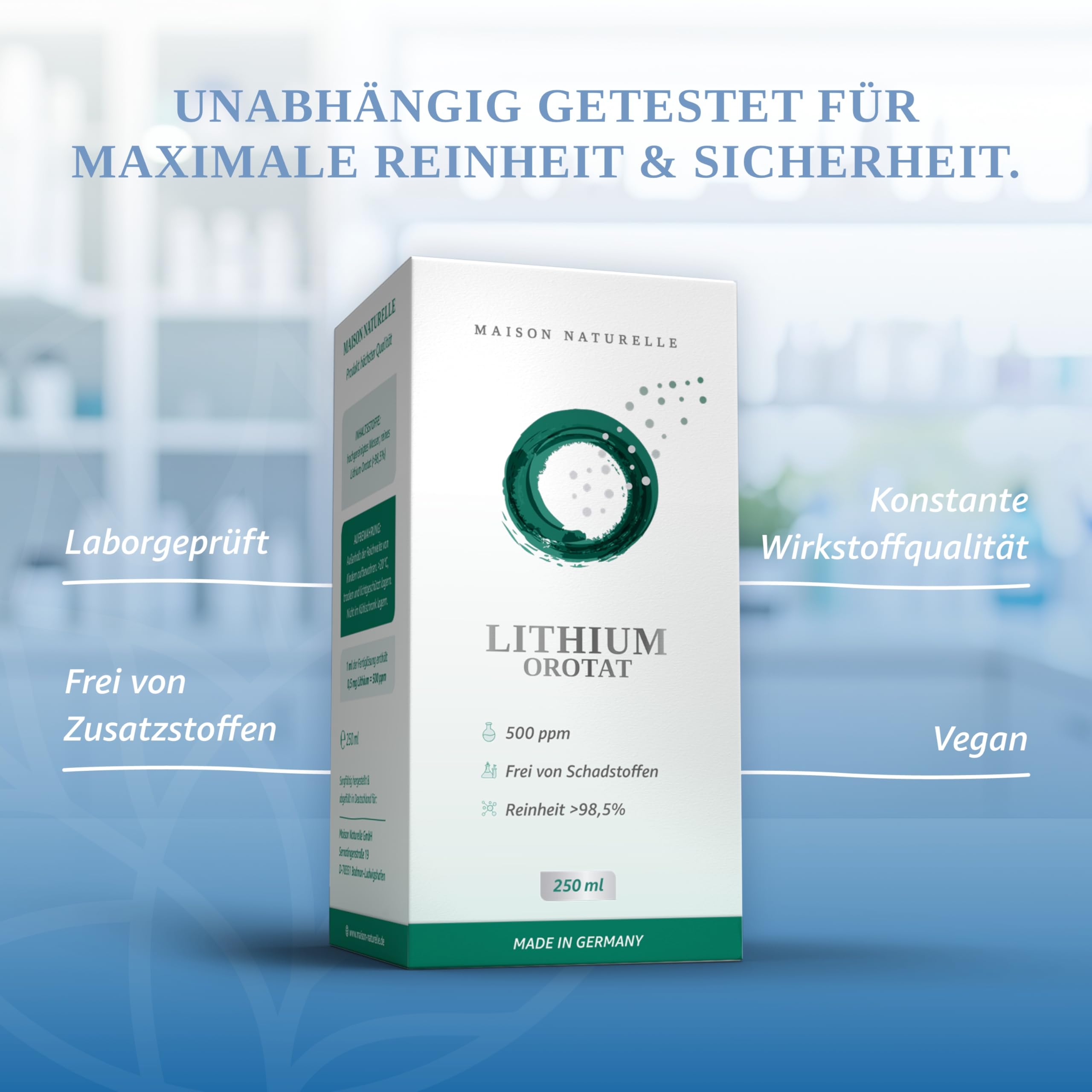 Maison Naturelle ® flüssiges Lithium (250 ml) - Lithium Tropfen 0,5 mg – 500 ppm Fertiglösung mit über 98,5 % Reinheit (250 ml (1er Pack))