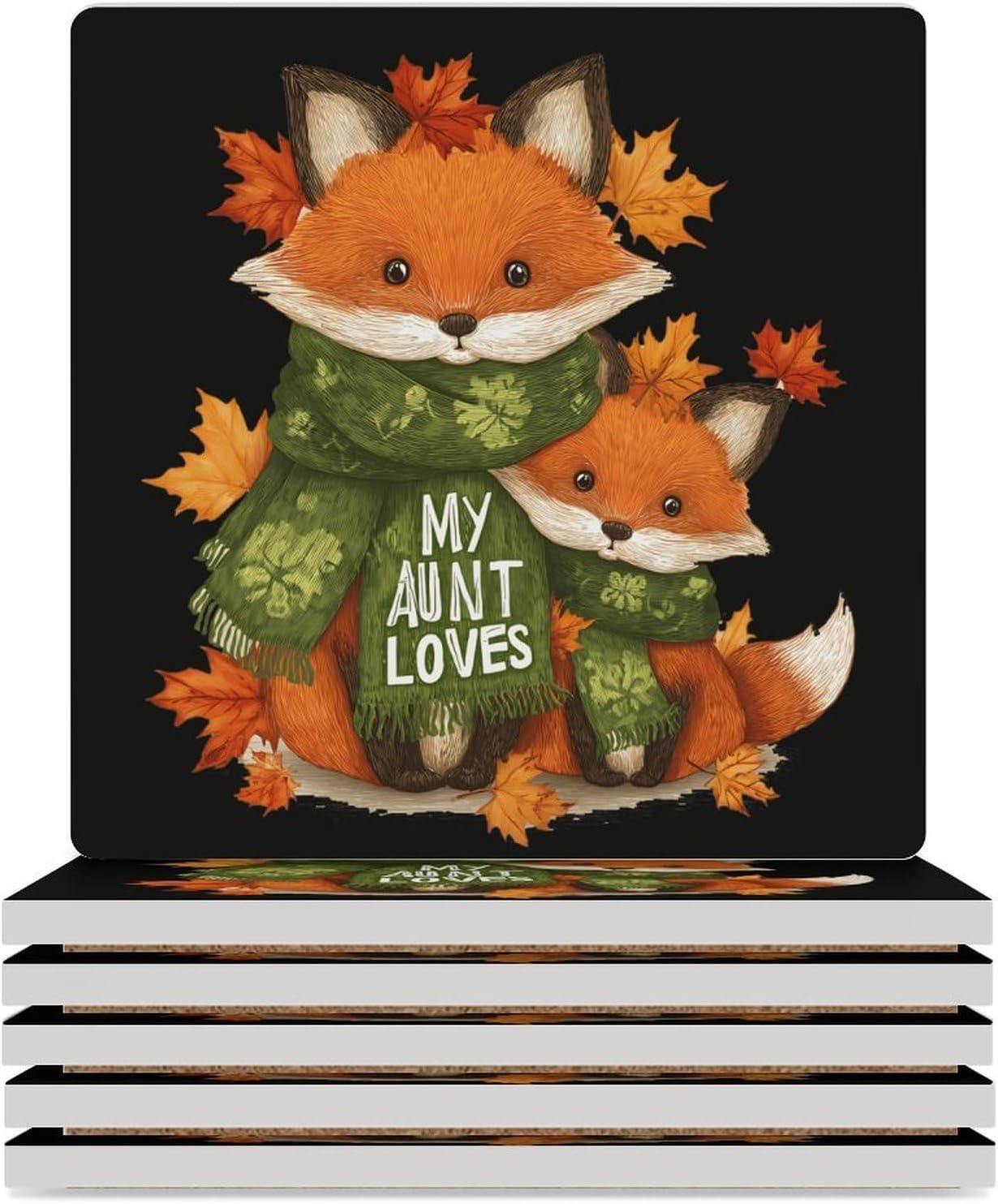 Auntie Loves Me Woodland Fox Coaster for Drinks Square Ceramic Table Coasters Stone Mat Crafts 6PCS Home Kitchen Decor