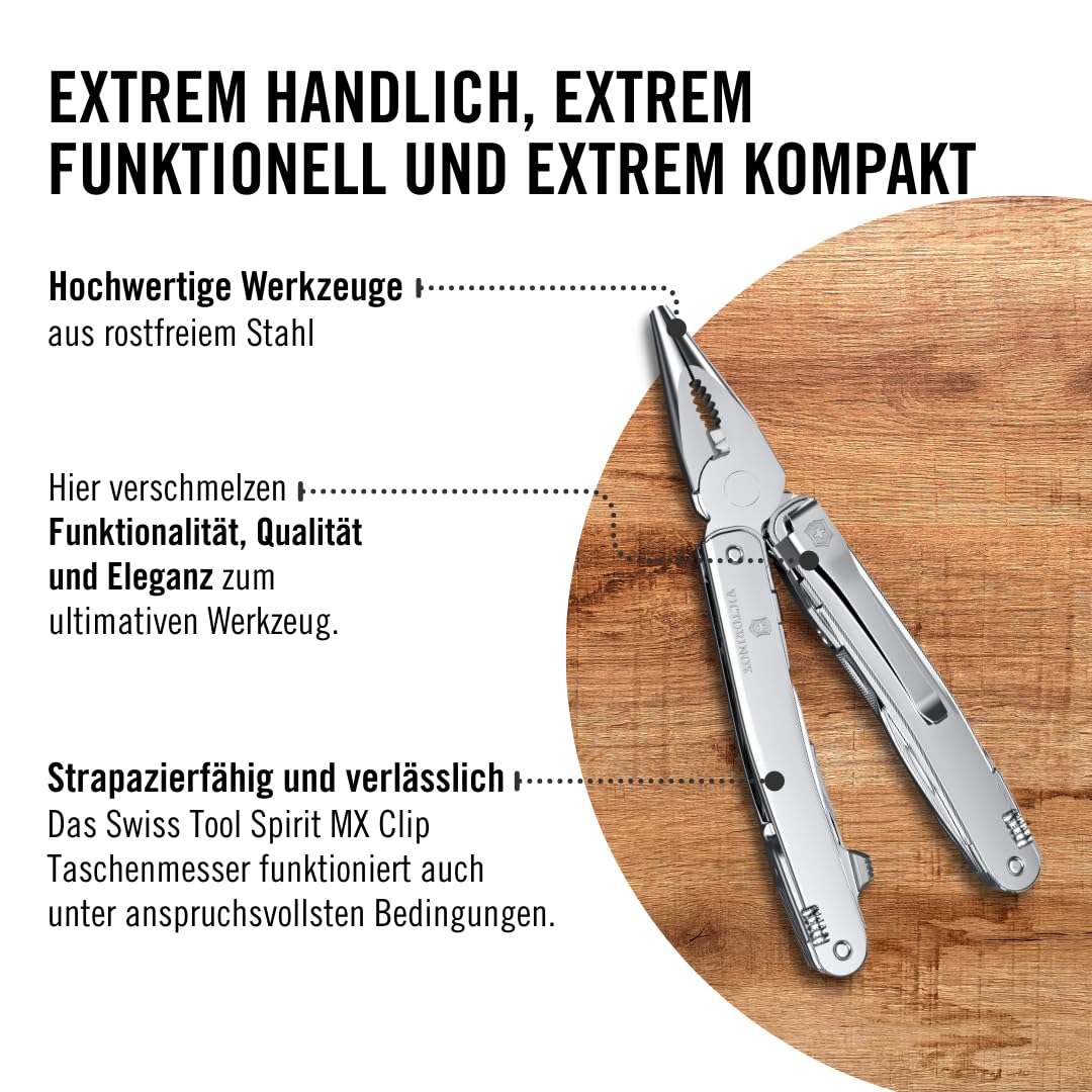 Victorinox Schweizer Taschenmesser Swiss Tool Spirit MX Clip, 24 Funktionen, Multitool Inkl. Zange, Schraubendreher, Dosenöffner, Silber