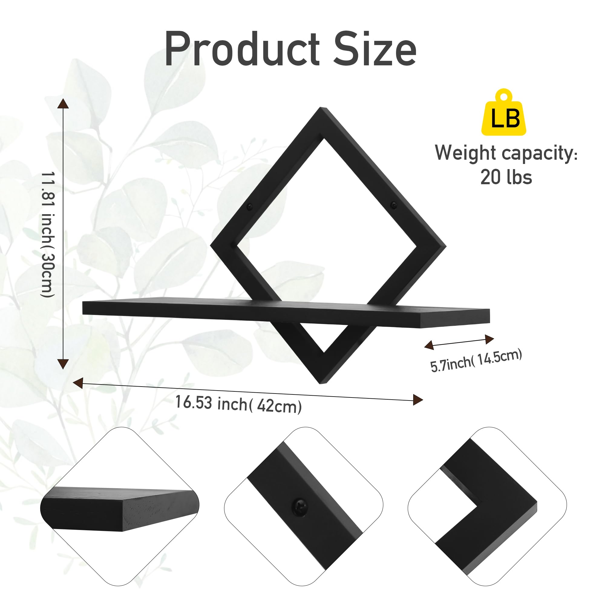 Floating Shelves for Wall,Decorative Wall Shelf,Hanging Shelf for Plants Storage Display Holder,Indoor Decor for Living Room Home Office Bathroom Bedroom,Solid Wood,Diamond Shaped,2 Pack(Black) - Image 3