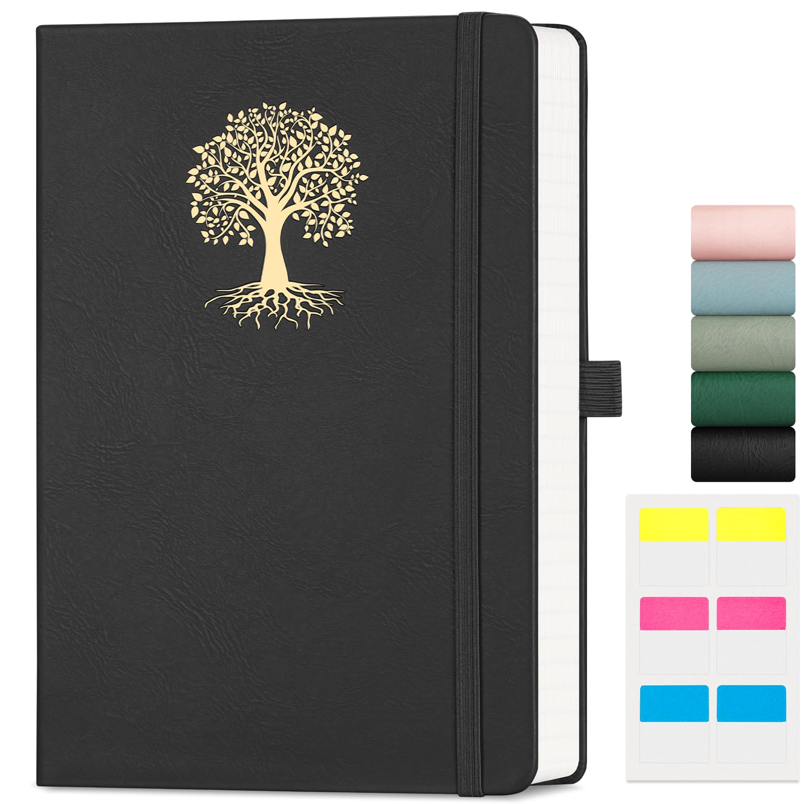 EMSHOI Notebook A5 Lined, 100gsm Hardcover Leather Journal with Sticky Notes