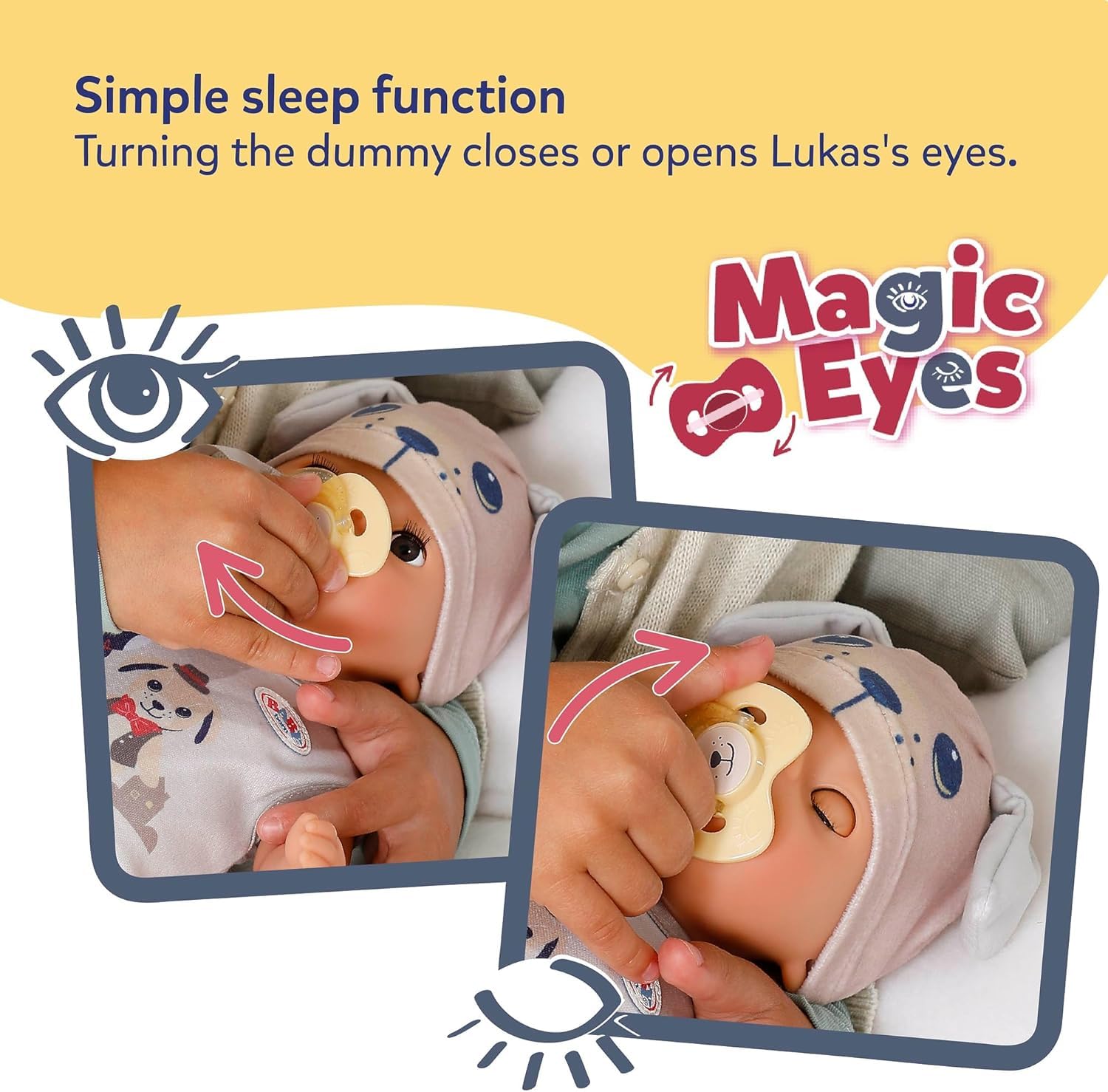 Baby Born Lukas śpioszki z motywem psa, 36 cm duża lalka z 7 funkcjami, dla dzieci od 1 roku życia