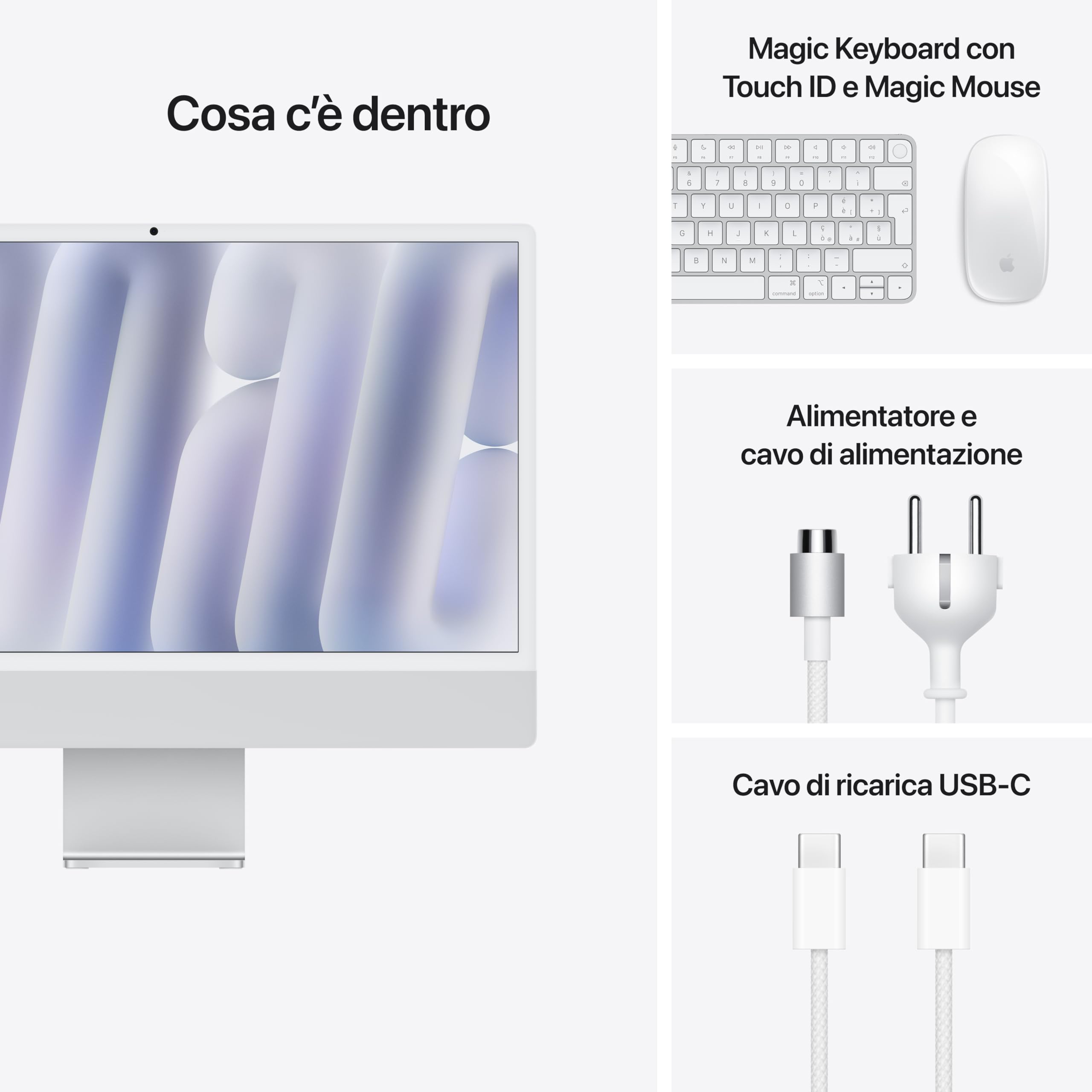 Apple iMac Computer desktop all-in-one: Chip M4, CPU 10-core e GPU 10-core: display Retina 24'', 16GB di memoria unificata, 256GB di archiviazione SSD, con accessori. Per iPhone/iPad; Argento