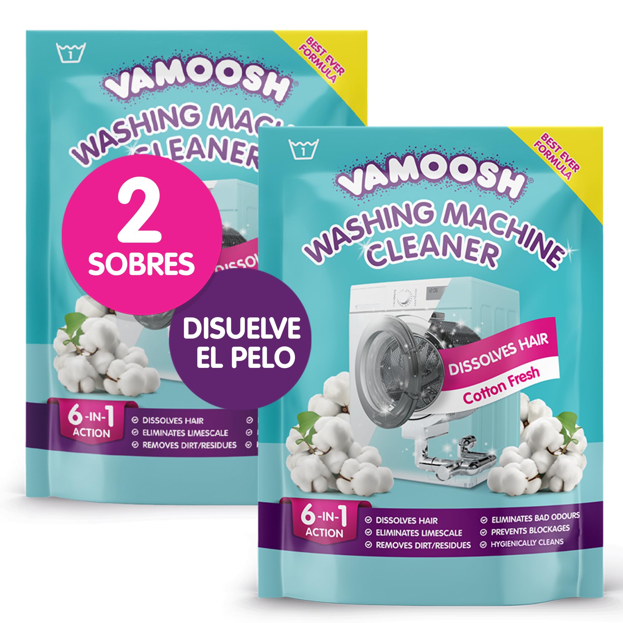 Vamoosh 6 in 1 Washing Machine Cleaner, Fresh Cotton Scent, Dissolves Hair, Removes Odors and Limescale, Deep Cleans, Leaves Fresh Smell, Antibacterial, Descales, 2 Washes
