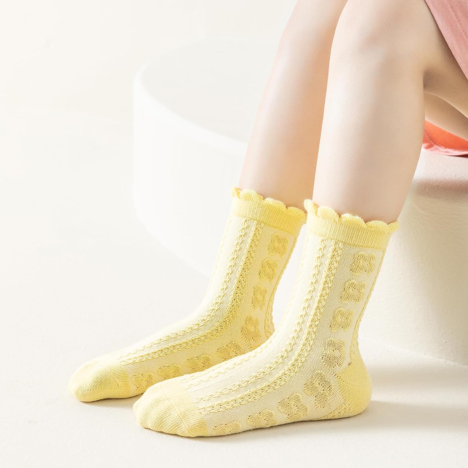 Meeshine 5 Pairs Toddler Girls Ruffle Ankle Socks Lightweight Cotton Solid Color School Dress Crew Socks for Kids 1-8T