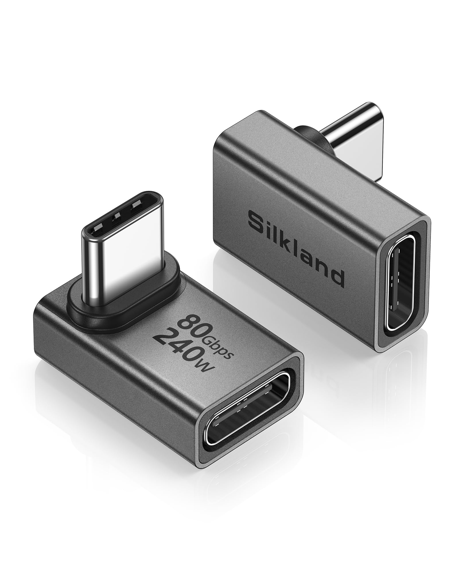 Silkland 90 Grad USB-C Winkel Adapter 2Stück, 80Gbps USB-C Stecker auf Buchse für Thunderbolt 5/4, Dual 8K/6K, PD3.1 240W Extender, Typ-C OTG Adapter für Steam Deck, ROG Ally, MacBook, iPhone 17/16/15
