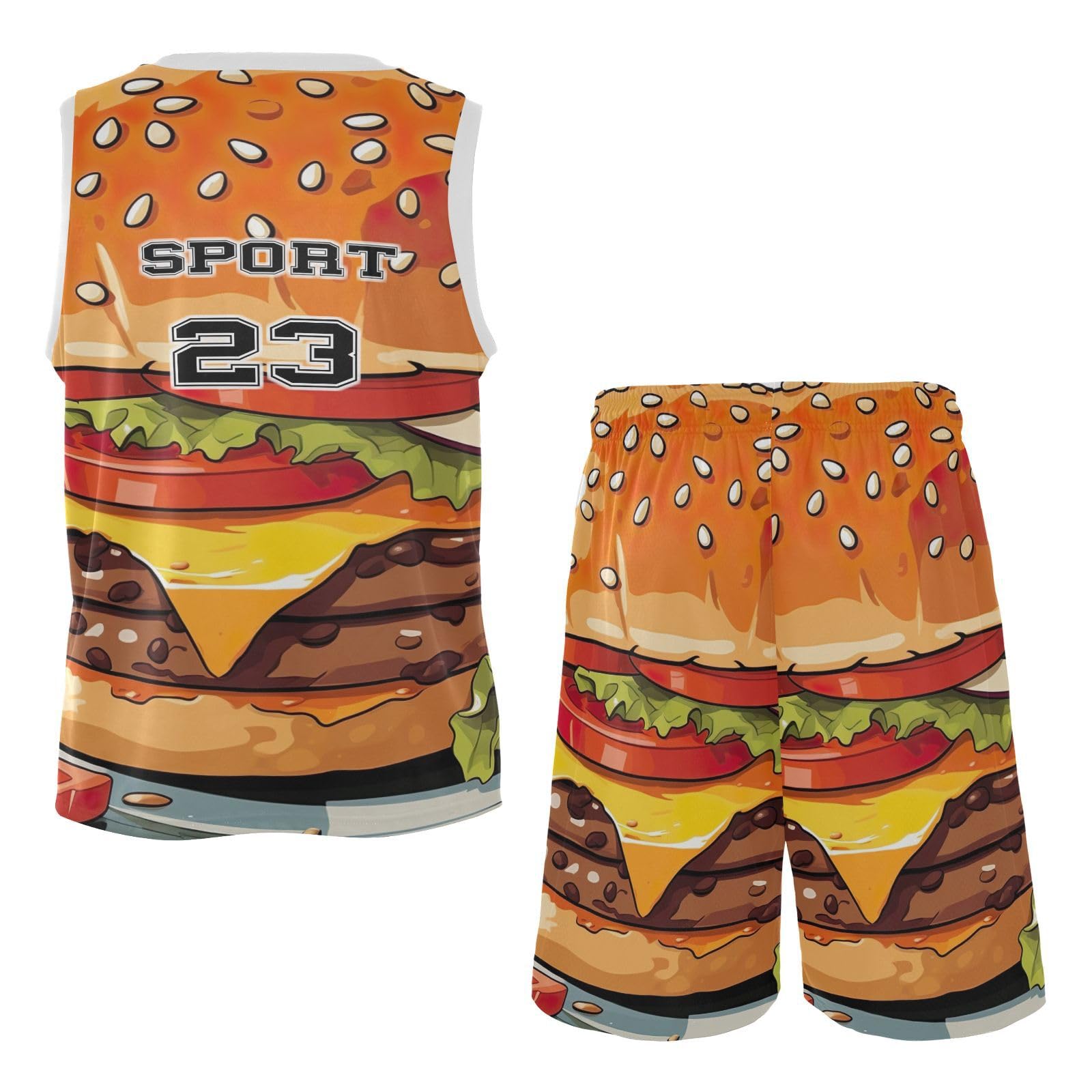 FLildon Cartoon Burger Boys Basketball Jersey Set Tank Top Shorts Tracksuit Sport Training Suit for Kids, L