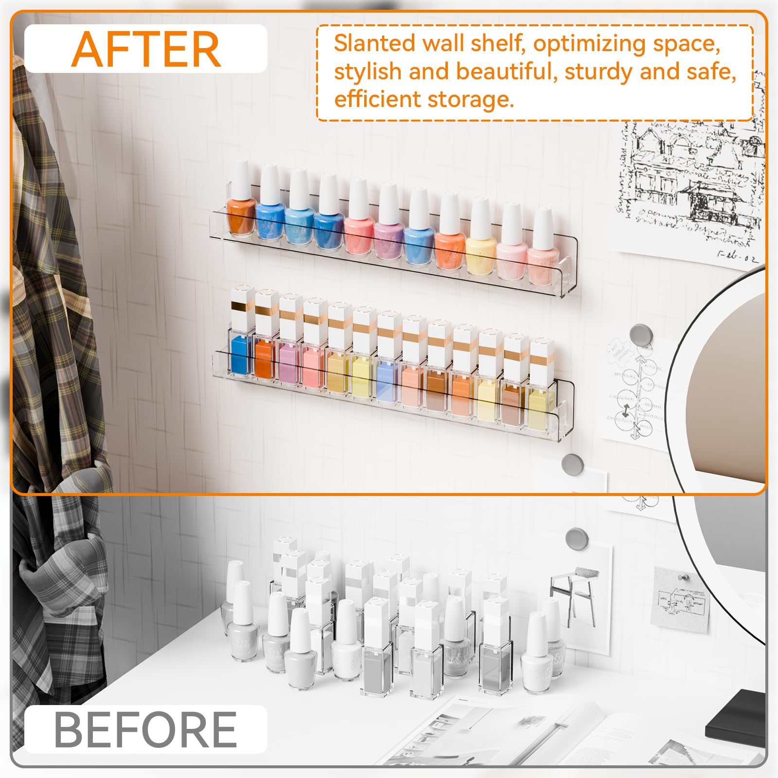 Cq - Organizer per smalti in acrilico da parete, 6 confezioni da 72 bottiglie per nail tech, organizer per unghie e conservazione, per nail tech, 45 cm