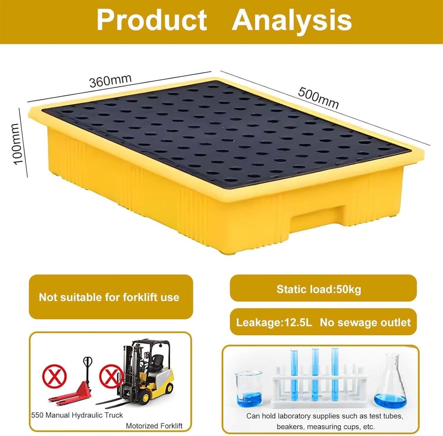 Modular Drum Spill Containment Pallet with Drain and Removable Grid for Garage, Kitchen, Basement & Industrial Storage,36 * 50 * 10cm
