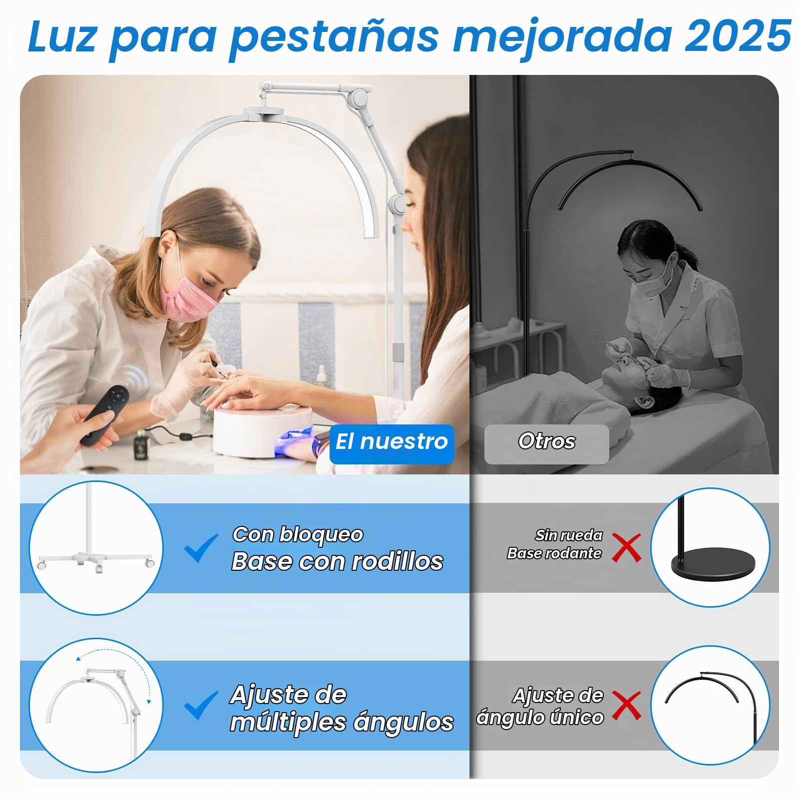 CGBE Lámpara Pestañas Media Luna de Pie LED Profesional con Base Rodante | Lámpara Extensiones Pestañas con Soporte Teléfono, Cabezal Giratorio 360°, Brillo y Altura Ajustables para Salones de Belleza