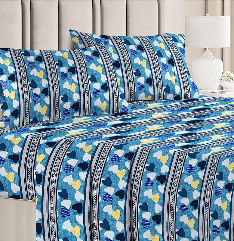 Image of BSB HOME 100% Cotton Double Bed Bedsheet Set | 144 TC Soft & Breathable | Blue & White Heart Print with 2 Pillow Covers | Wrinkle Free | for Bedroom & Gifting (90 x 90 Inches)