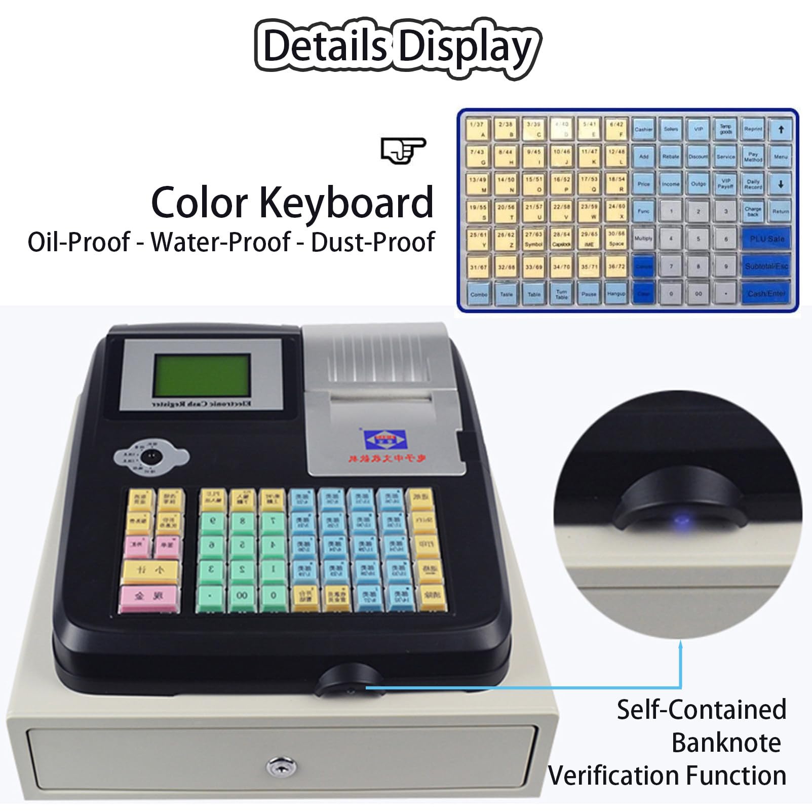 Elektronische Registrierkasse mit 48 Tasten, Pos-System-Registrierkasse mit 5 Münzfächern und 3 Geldscheinfächern, 8 Digitale LED-Display-Registrierkasse