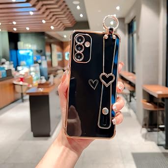 حافظة ZTOFERA لهاتف Samsung Galaxy A15 5G مع حزام معصم،حافة مطلية لطيفة فاخرة بنمط قلوب الحب للفتيات والنساء، حافظة هاتف ناعمة مقاومة للصدمات لحامل الأصابع لهاتف Galaxy A15 مقاس 6.5 بوصة، أسود