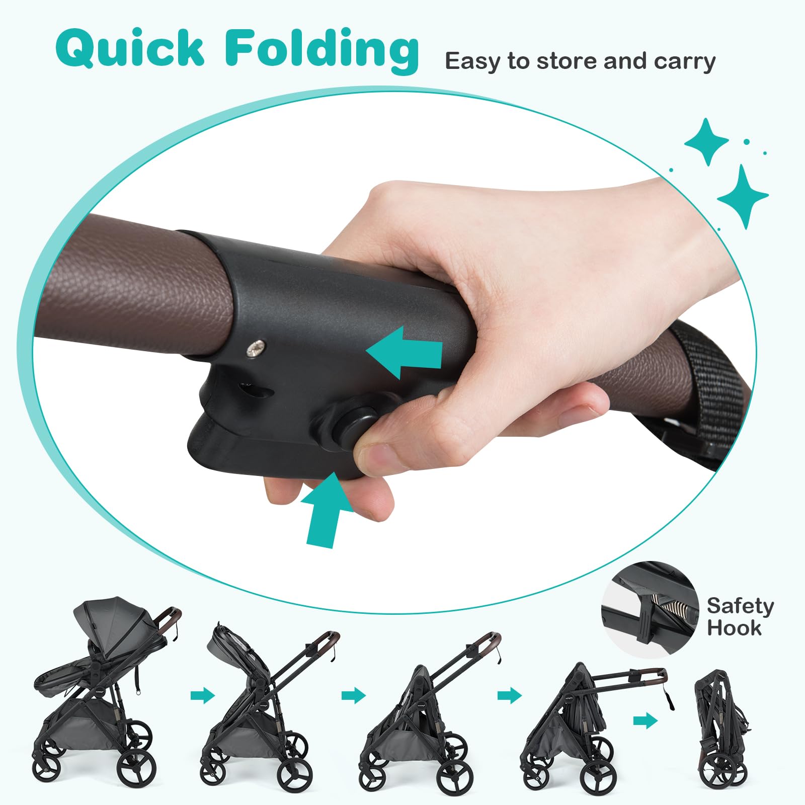 COSTWAY 3 in 1 Baby Stroller, Foldable Travel System Pram with Reversible Seat, Adjustable Canopy & Backrest, Mesh Net, Storage Basket, Lightweight Infant Newborn Pushchair for 0-36 Months (Grey) — view 5