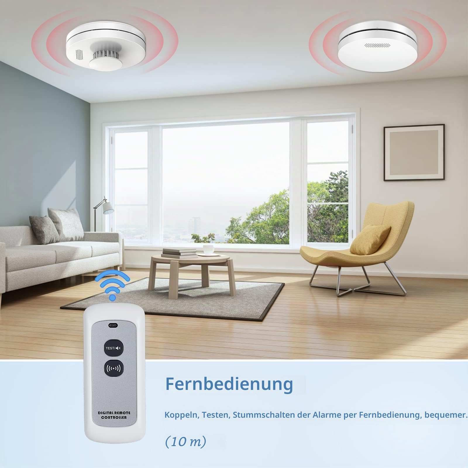 Vernetzter Rauchmelder und Hitzemelder mit Fernbedienung, Rauchmelder mit 10 Jahre Batterie