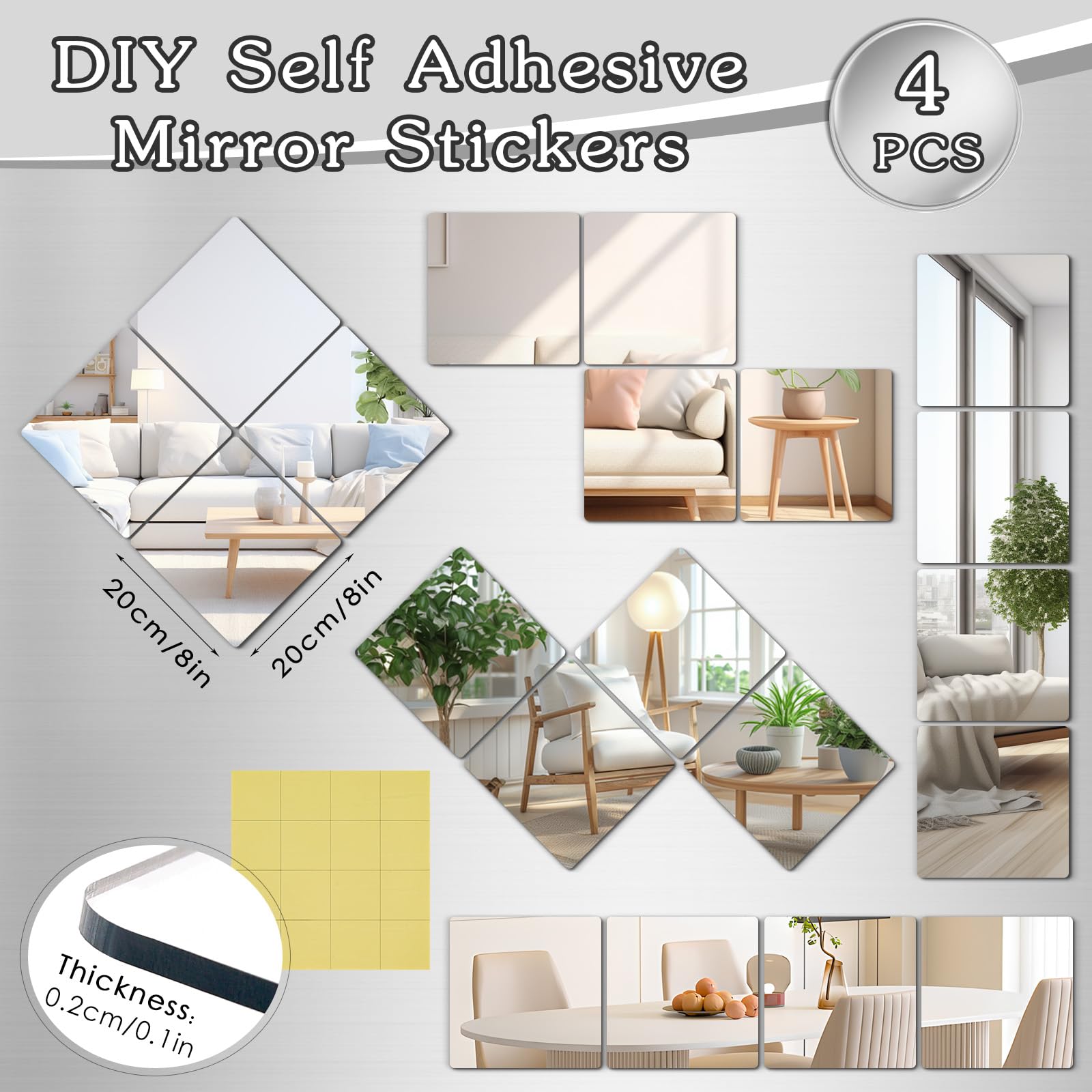 4 Pcs Self-Adhesive Acrylic Mirror Tiles – 8x8 Inch Shatterproof Square Wall Mirrors For Bathroom, Gym, Bedroom Decor - View #9