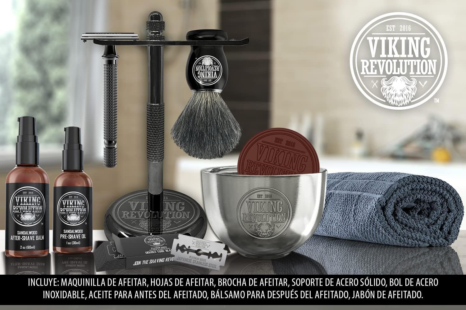 Viking Revolution - Kit de Afeitado de Lujo - Regalo Hombre - Incluye Maquinilla, Soporte, Tazón, Bálsamo, Aceite Pre-Afeitado y Brocha de Tejón - Perfecto Set de Afeitado