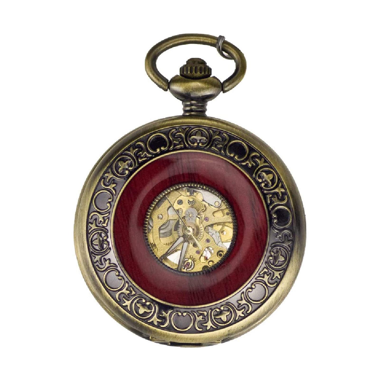 LIIAV Orologio da Taschino Meccanico a Carica Manuale da Uomo Vintage Steampunk Wood Grain Hollow Design con Catena