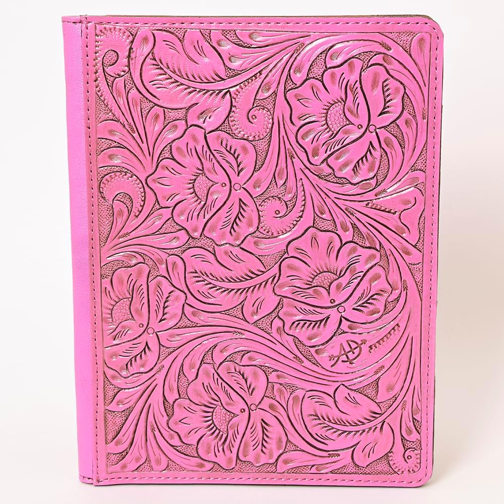 American Darling Pink Western Hand-Tooled Leather Portfolio – Floral Carved Genuine Leather Organizer for Work & Travel