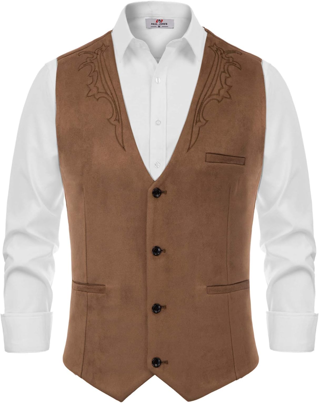 Men's West Cowboy Suede Leather Suit Vest Embroidery Casual Western Vest Brown, Medium