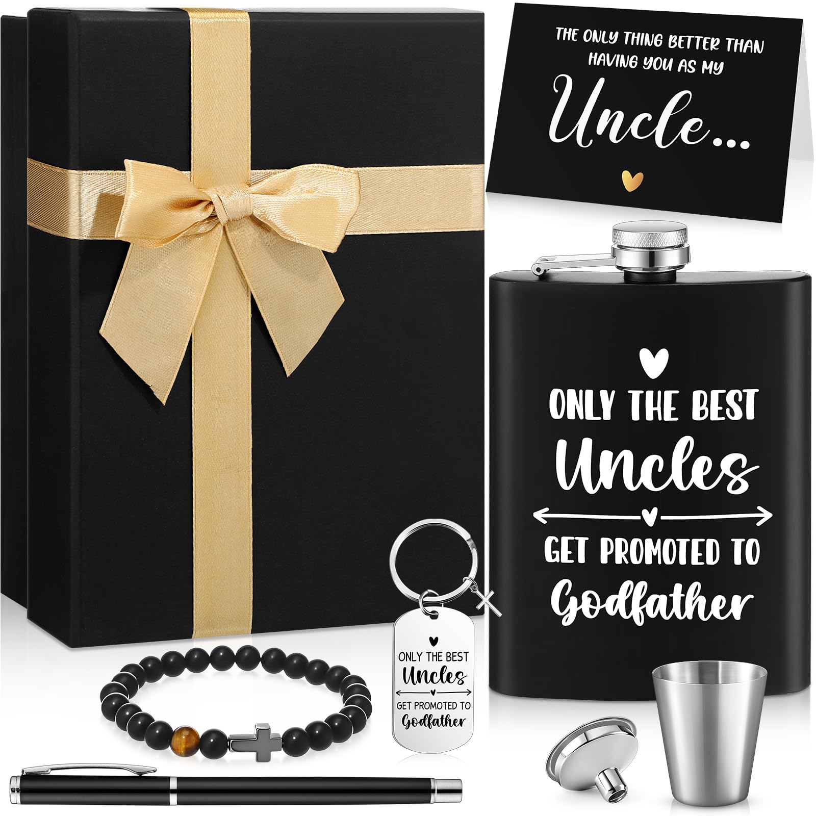 Geschenk-Set für Patenkind, Taufe, Vatertag (Onkel), mit Flasche, Armband, Schlüsselanhänger, Karten, Stiftebox, 8-teilig