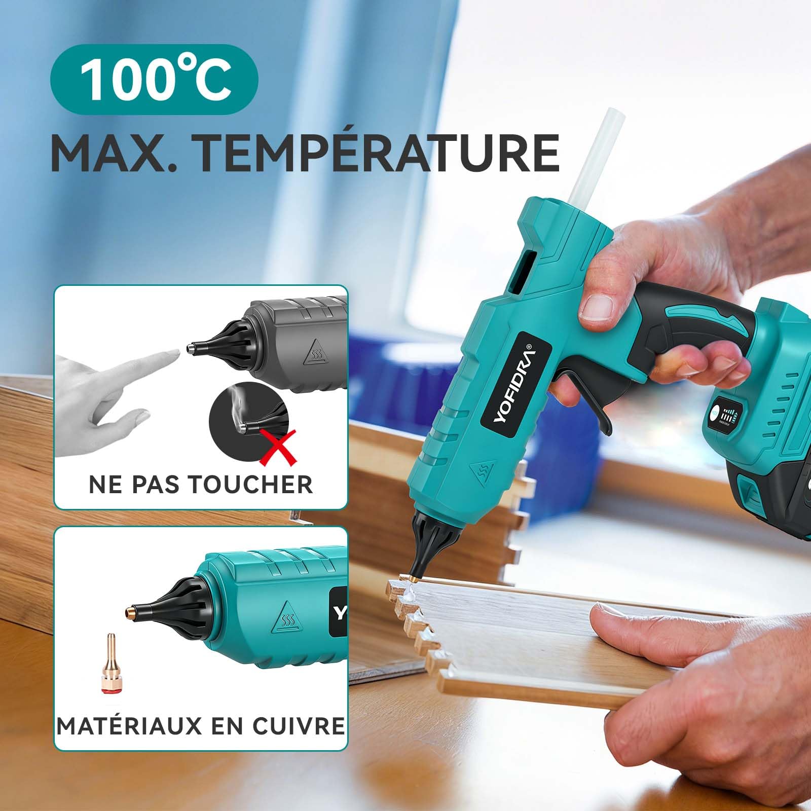 Yofidra Pistolet à Colle Chaude sans Fil 100W - Pistolet à Colle Chaude avec 10 Bâtons de Colle (11mm), 2 Batteries 2,0Ah et Chargeur, Chauffage Rapide, Idéal pour le DIY, Réparations et Bricolage
