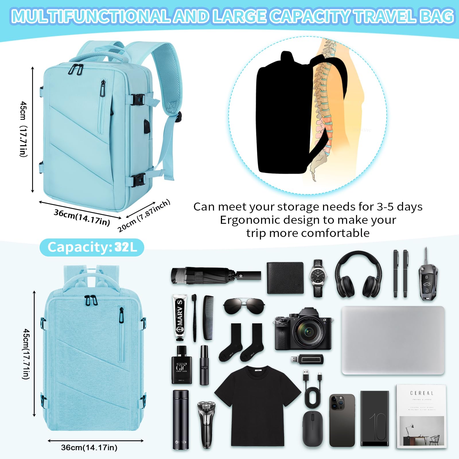 VOESLD Zaino 45x36x20 per Easyjet, Zaino da Viaggio Aereo Bagaglio a Mano Azzurro Zaino Porta PC Donna Uomo Impermeabile Zaino Bagaglio a Mano per Tutte le Principali Compagnie Aeree, con Porta USB 32
