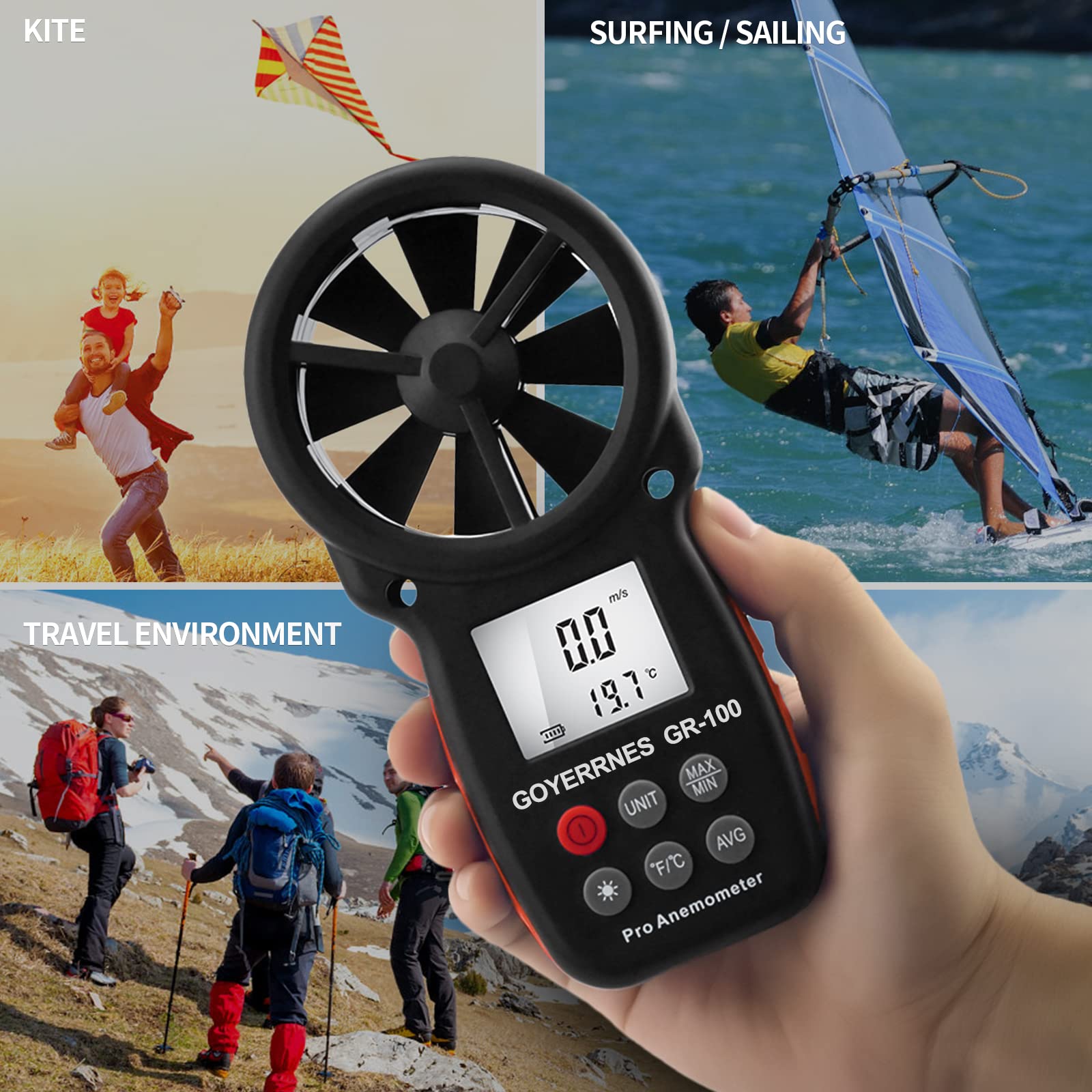 Anemometro digitale Misuratore di velocità del vento portatile 0,7~42m/s Anemometro tascabile della velocità dell'aria con bussola
