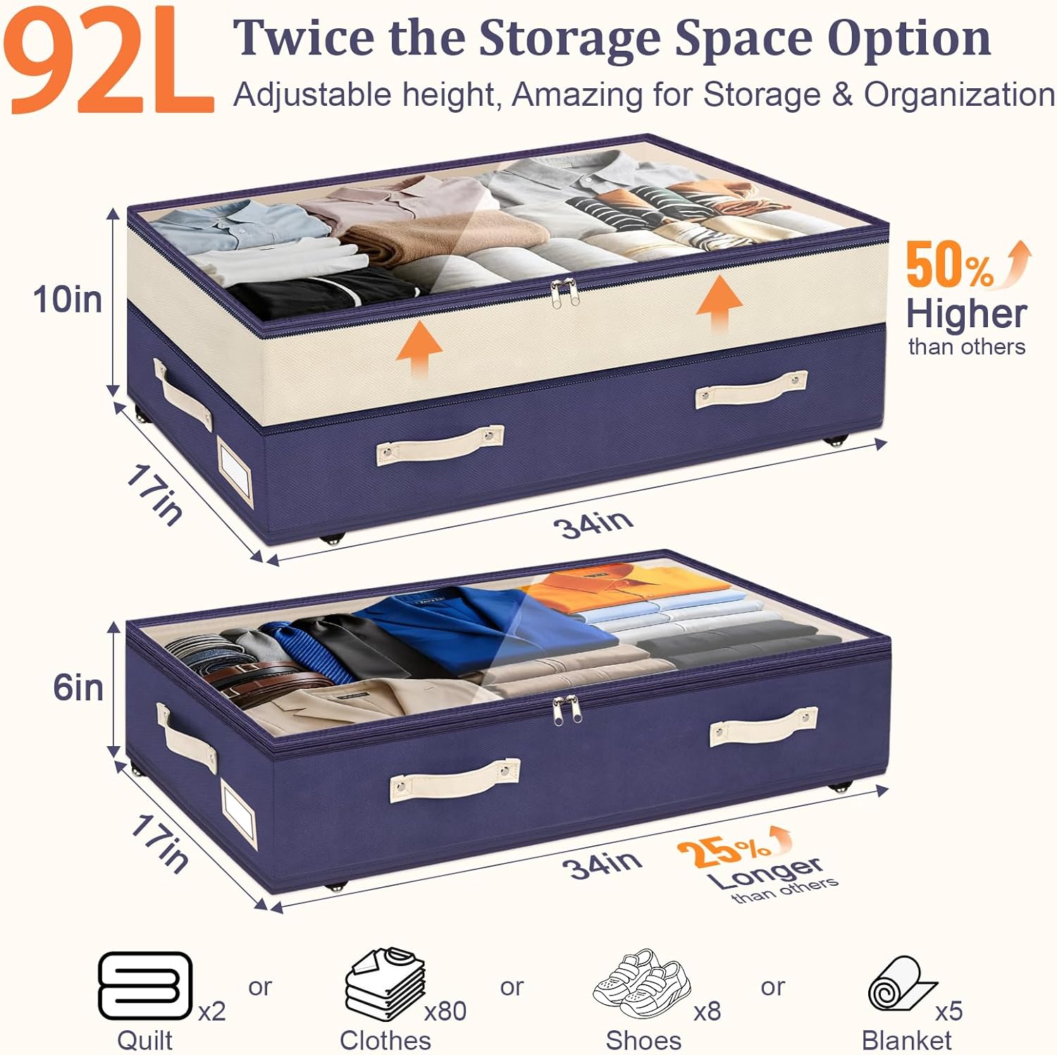 Dolicer 4 Pack Under Bed Storage with Wheels (Blue & Blue), 4 Pack 92L XXXL 6in-10in Height Adjustable Underbed Storage Containers