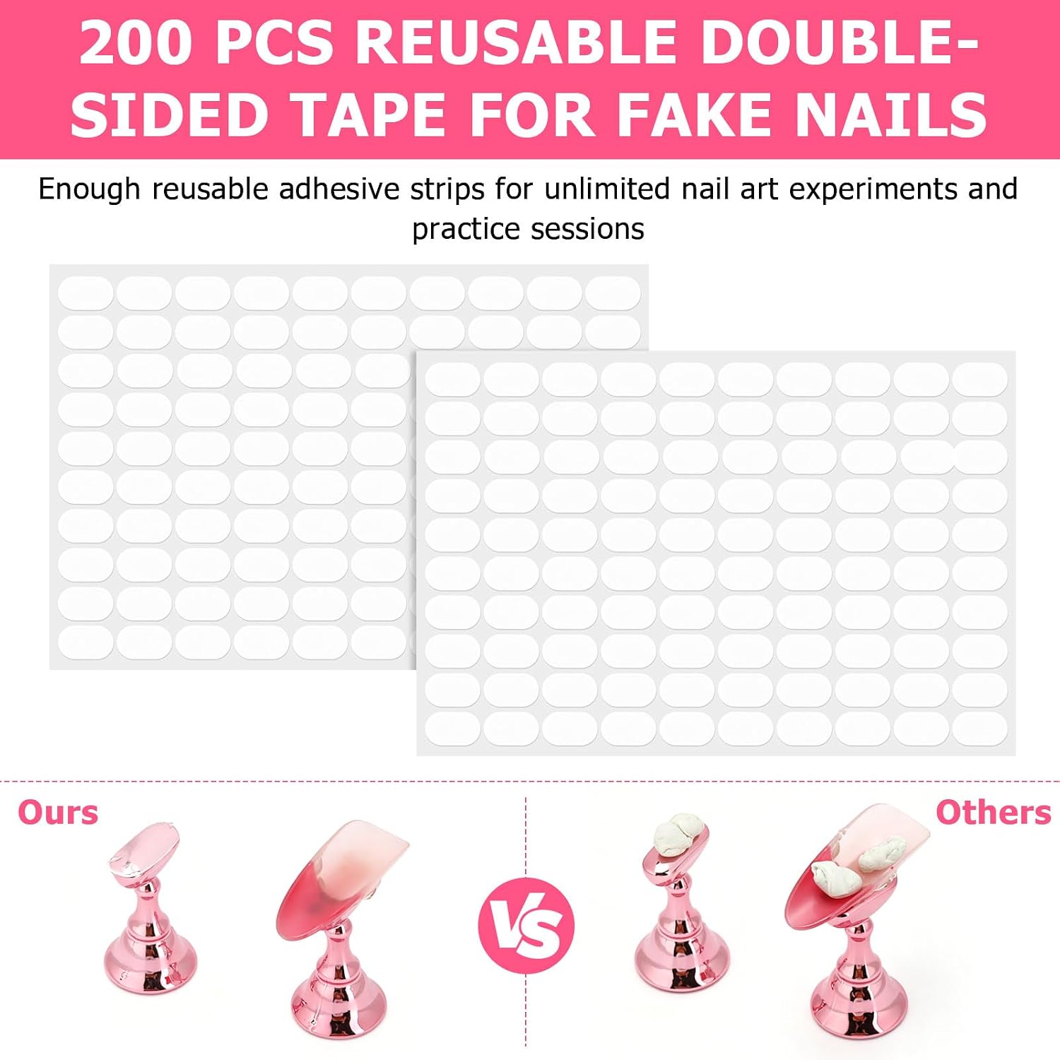 BTYMS 4 Set Press-On Nail Practice Stand & 200 Pcs Double-sided Adhesive Tape, Magnetic Nail Holder Acrylic Display Stand - Pink image 5