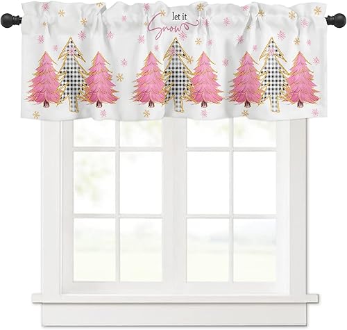 Miniatura 1 de Cenefa de cortina, árbol de Navidad de madera a cuadros negros rosa dorado copos de nieve de invierno cenefa con bolsillo para cortinero cortinas