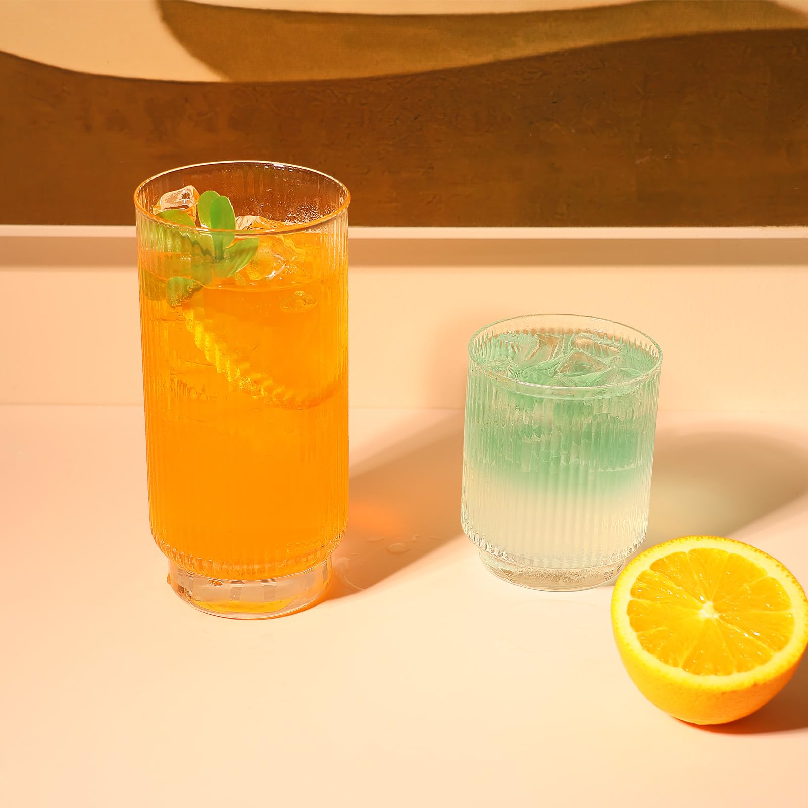 Lot de 8 tasses en verre nervuré avec base en cristal, 4 verres highball de 414 ml et 4 verres à boire de 255,1 g, art déco, pour eau, café glacé, cocktail, jus, whisky, cadeau