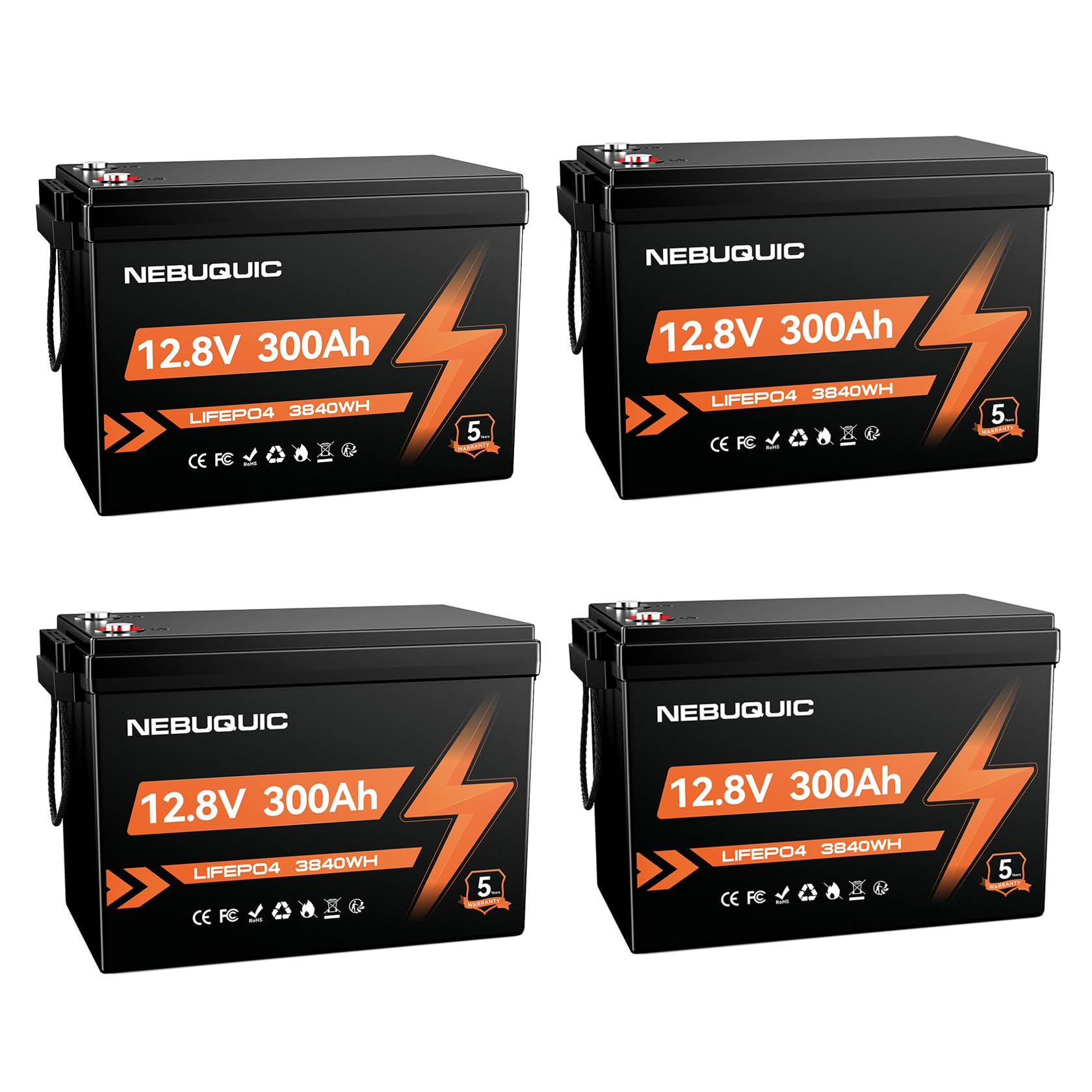 12V 1200Ah(4 Pack 12V 300Ah) LiFePO4 Lithium Battery, 200A BMS Deep Cycle Battery, EV Grade A+ Battery Cells, Low-Temp Protection, 48V 300Ah Lithium Batteries for RV, Truck, Kayak, Solar, Camper