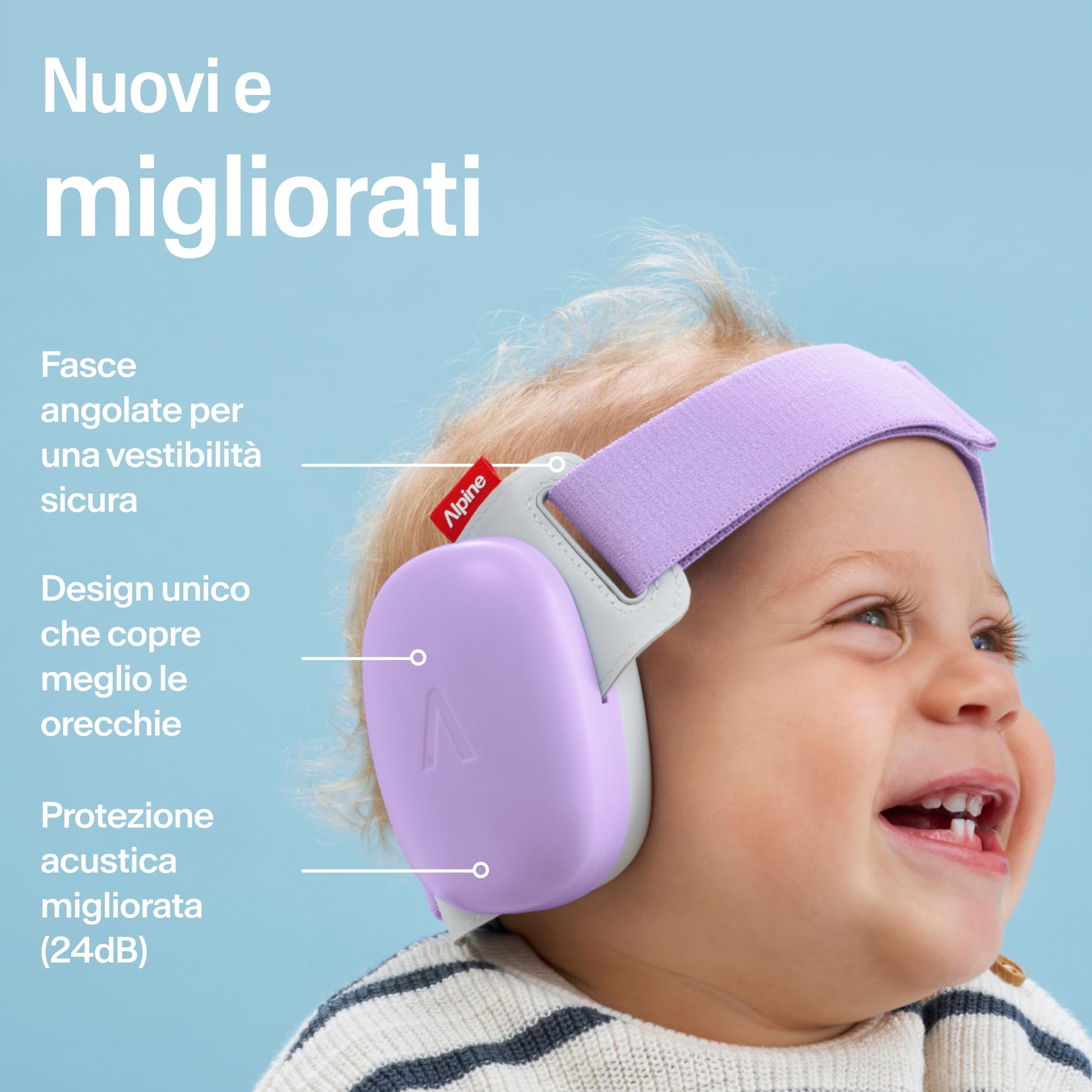 Alpine Muffy Baby Comfort, Paraorecchie Migliorati per Neonati e Bambini, Certificato CE, Vestibilità Sicura E Confortevole, Protezione dell'udito Regolabile Fino A 48 Mesi, Attenuazione 24 dB, Viola