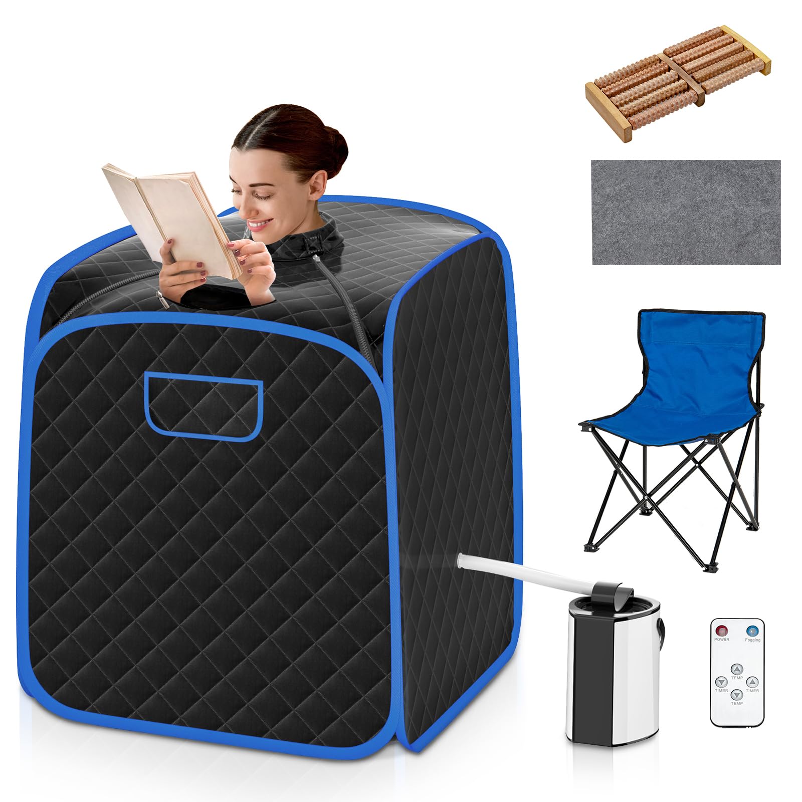 Portable Steam Sauna, Personal Full Body Sauna Spa with Remote Control, Folding Chair and Foot Massage Roller, Lightweight Foldable Home Sauna Tent (Black)