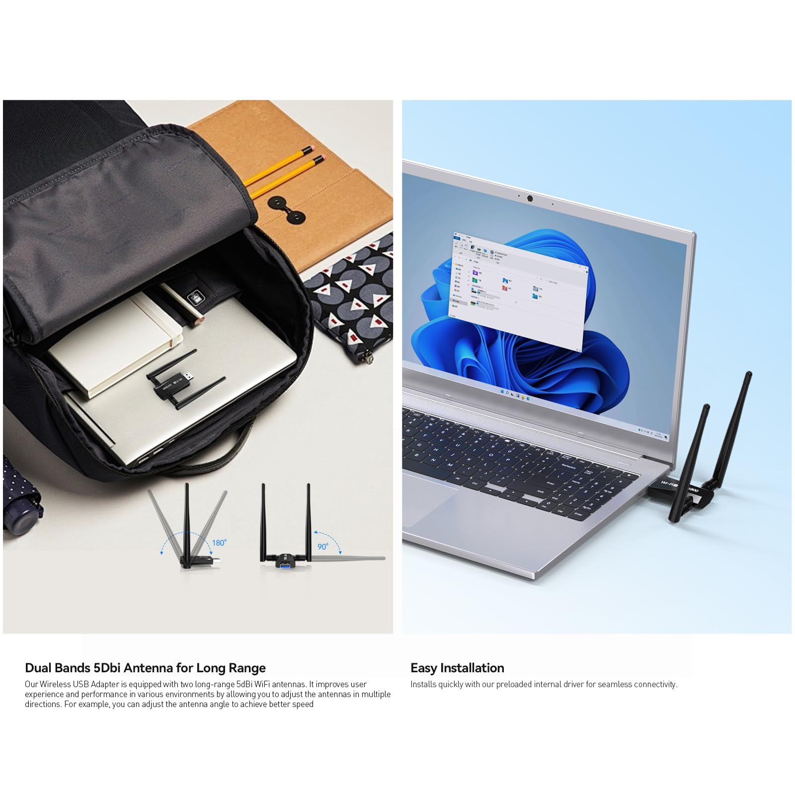 Adaptador USB WiFi 6 para PC de escritorio, adaptador de red inalámbrico AX1800 con antena de 2.4 GHz, 5 GHz, alta ganancia de doble banda de 5 dBi, WPA3, compatible con Windows 11/10
