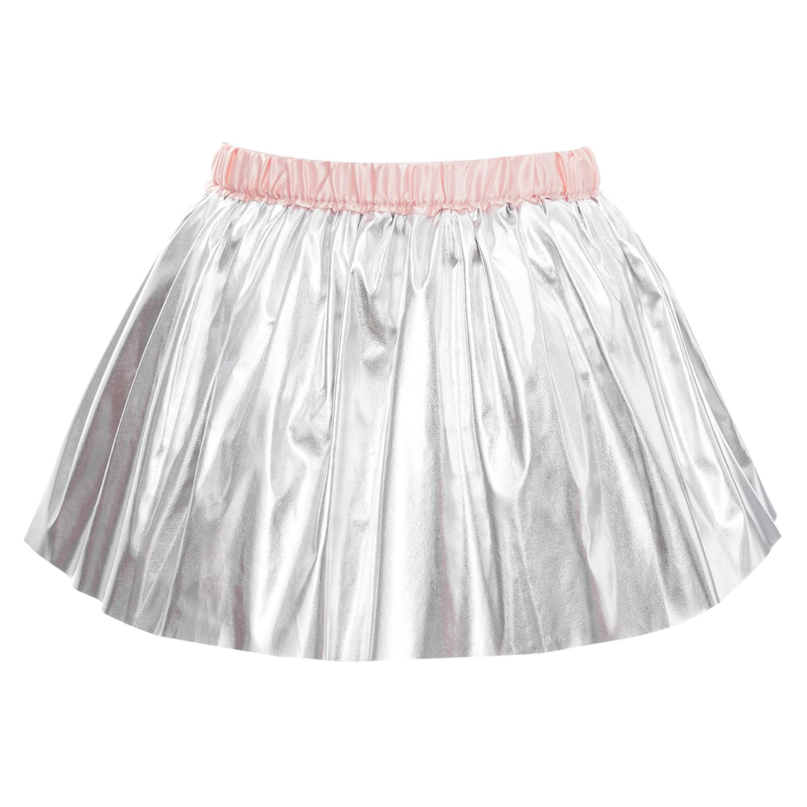 JanJean Kids Girls Shiny Pleated Dance Skirt Metallic Flared Skater Skirt Hip Hop Jazz Belly Dance Performance Costume Silver 2-3 Years