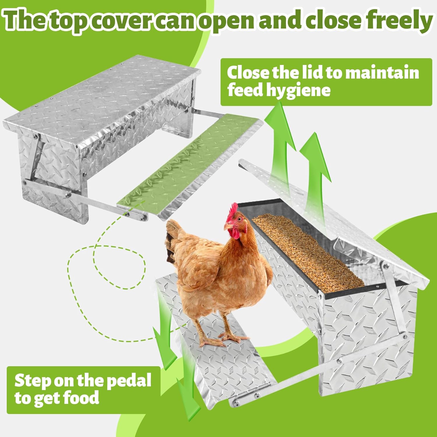 Treadle Chicken Feeder Automatic Large Poultry Feeders Capacity Treadle Self Opening Pou with Weatherproof Lid Rain Cover for Roosters Pheasant Chicken Outdoor Coop Silver Full Aluminum(11lbs/5000g)