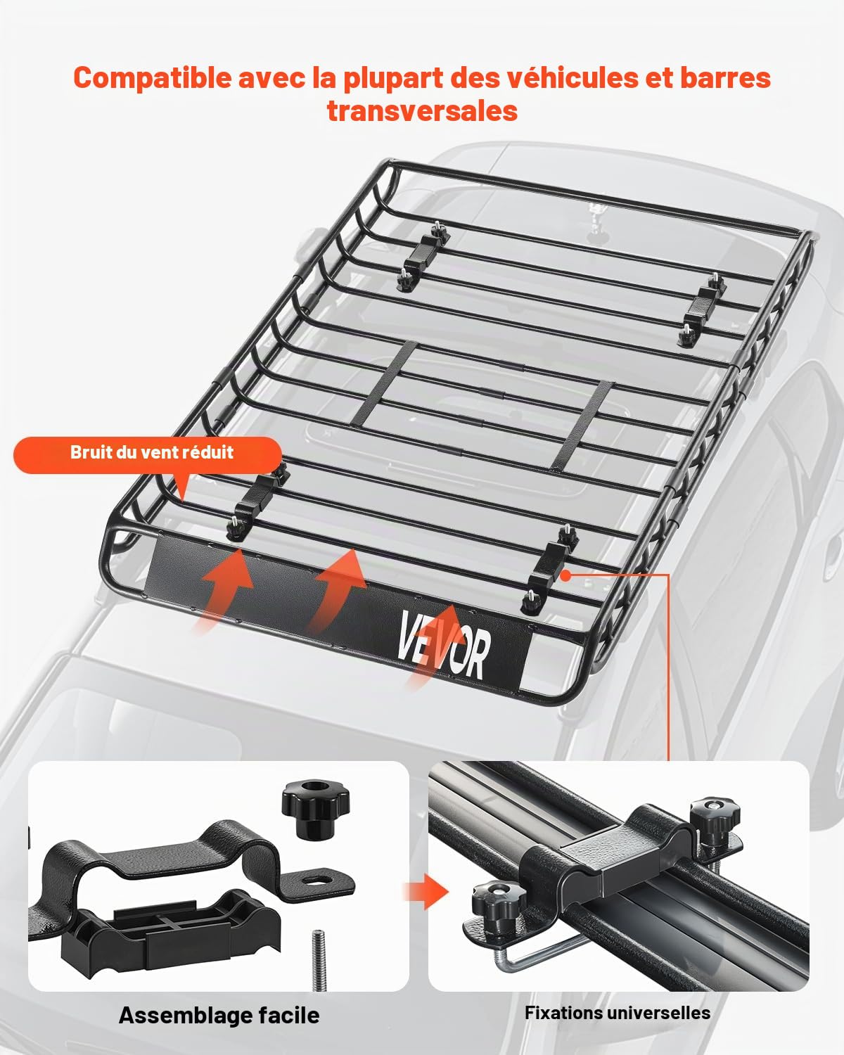 VEVOR Porte-bagage pour voiture, 1300 x 910 x 105 mm, panier de toit universel en acier allié avec sac de chargement de 1120 x 870 x 260 mm, filet et sangles à cliquet, charge 90,7 kg, pour SUV Camion