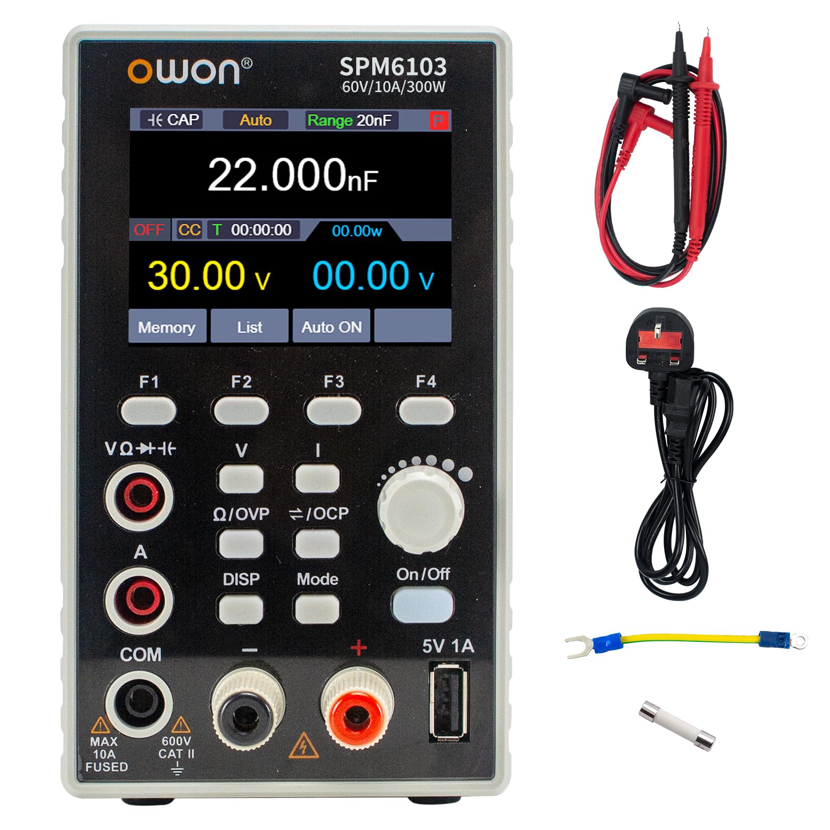 OWON SPM6103 Alimentatore da Banco (0-60V, 0-10A), 2 in 1 Alimentatore CC e Multimetro, Alimentatore da Laboratorio DC, Display LCD da 2,8 Pollici, Multimetro Digitale, con porta di ricarica USB