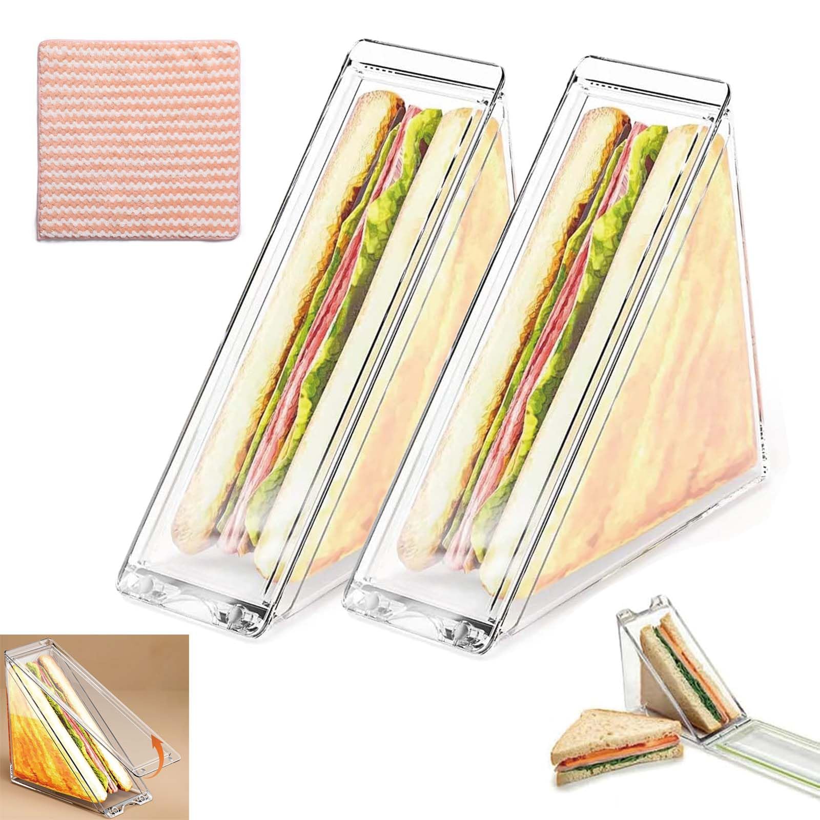 Gudemoore Transparent 2 Pcs Sandwich Container Triangle Reusable,Plastic Sandwich Box Triangle,With Lids & Towel,Easy To Clean,Leak-Proof, Lunch Box Accessories For Breakfast Lunch Picnic Travel