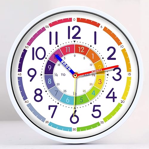 Reloj de pared silencioso de 12 pulgadas para el tiempo de aprendizaje de los niños, silencioso, sin garrapatas, reloj de pared decorativo de cuarzo