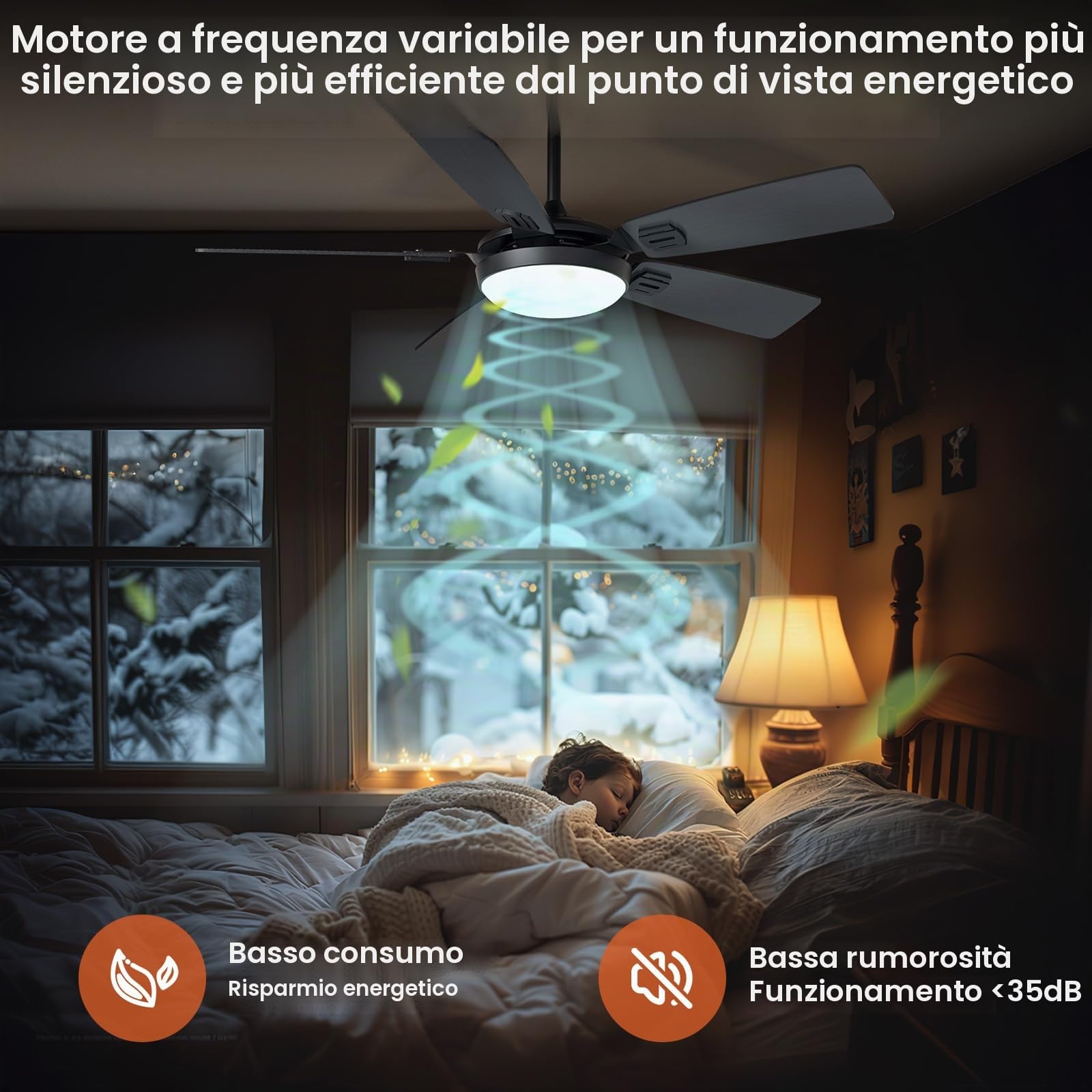 Ventilatore da Soffitto con Luce LED Ø132cm, App e Telecomando | Silenzioso, 5 Pale, Funzione Estate-Inverno, 6 Velocità, 3 Colori Dimmerabili, Timer per Camera da Letto e Soggiorno