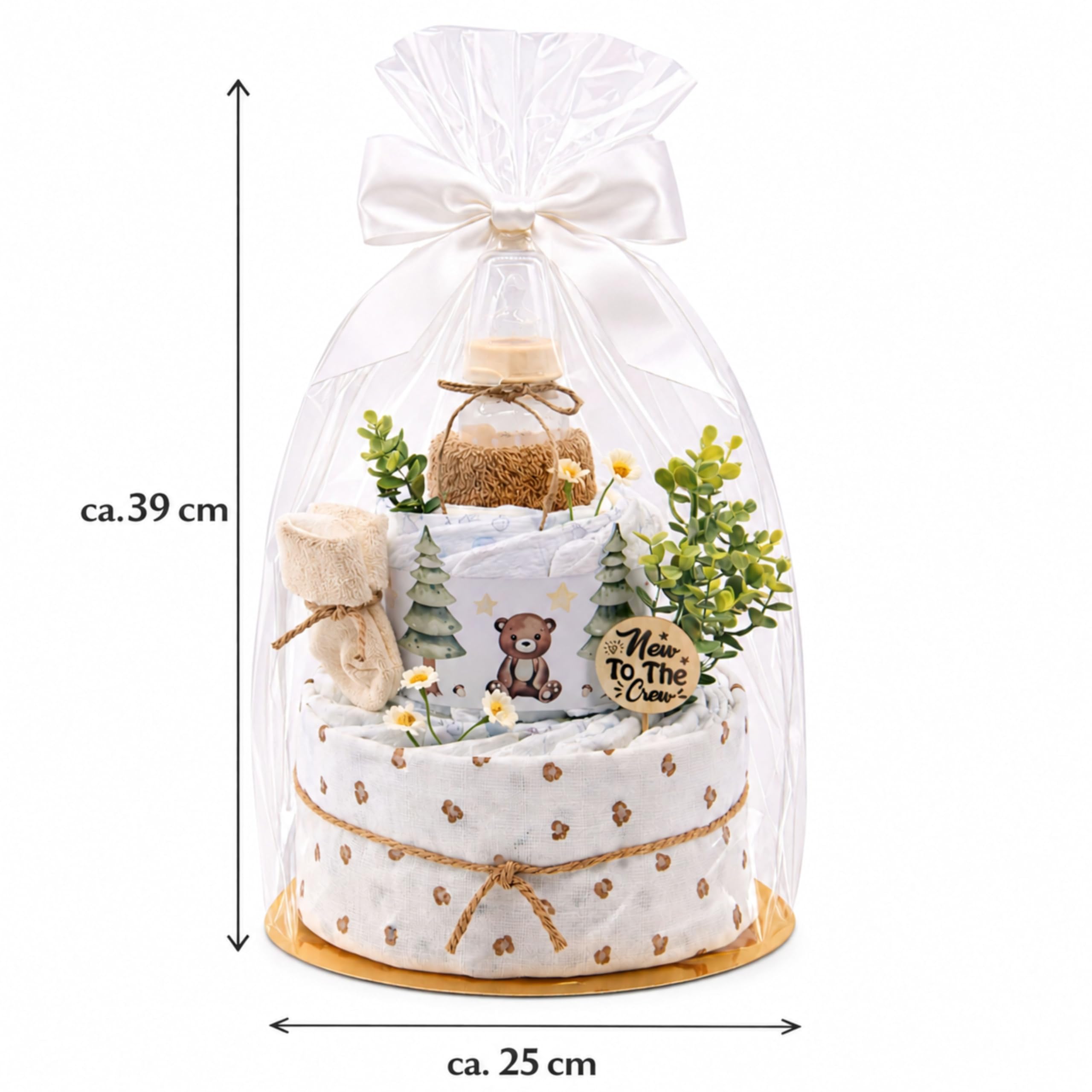 Windeltorte Baby Wald mit Musselintuch, Baby Teeflasche, Spucktuch, Babysocken-Geschenk zur Geburt (Brown)