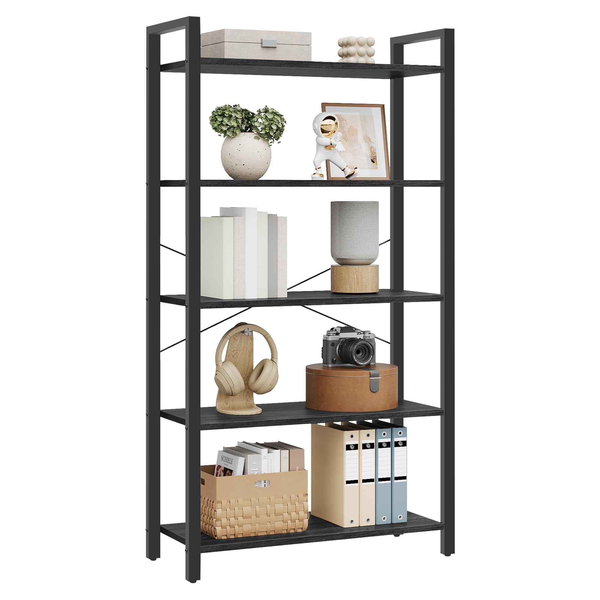 VASAGLE 5-Tier Bookshelf, Bookcase with Steel Frame, Book Shelf for Living Room, Home Office, Study, 11.8 x 26 x 60.2 Inches, Industrial Style, Ebony