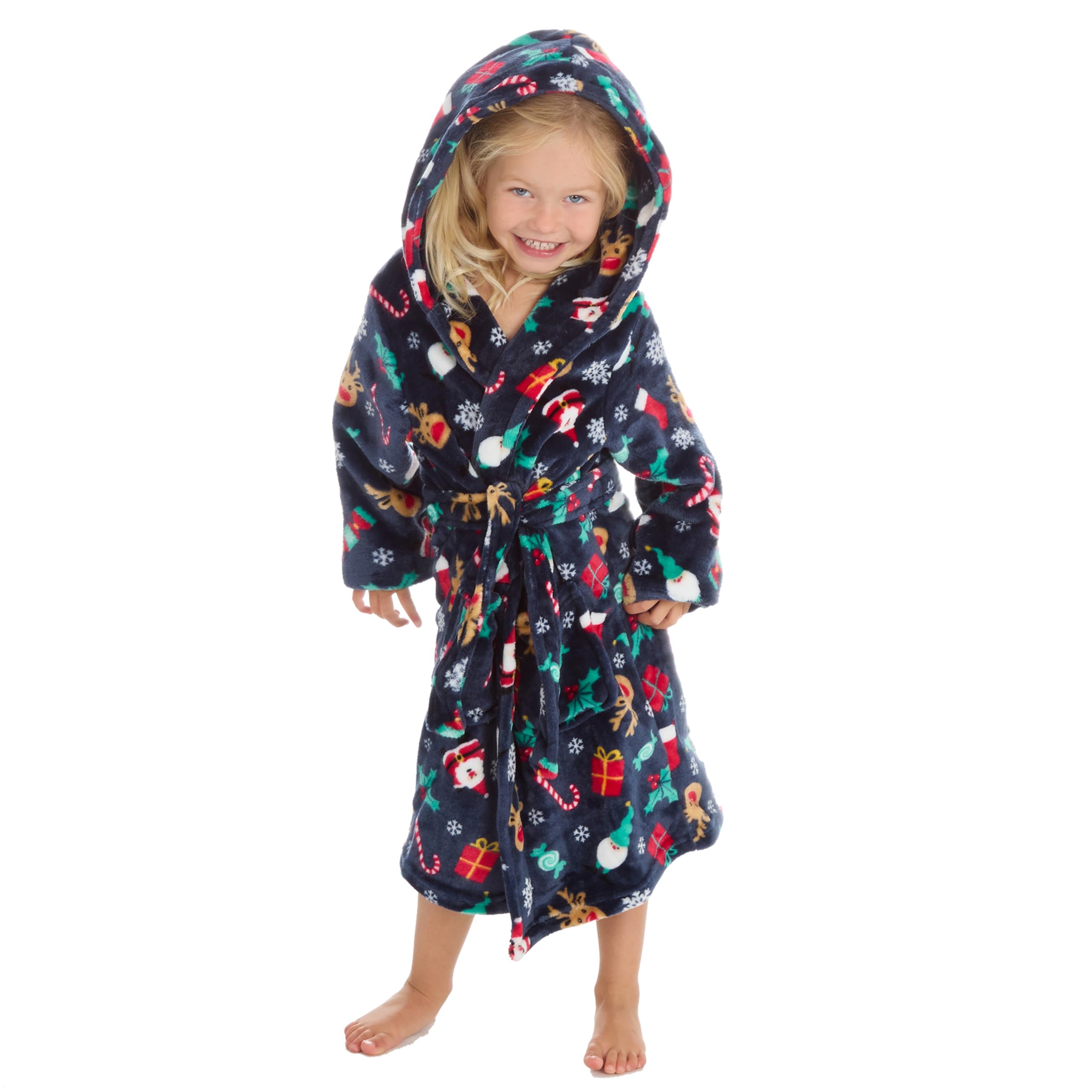 Metzuyan WS-AW22 Kids Girls Boys Unisex Hooded Xmas Dressing Gown Christmas Printed Robe Navy 3-4 Years