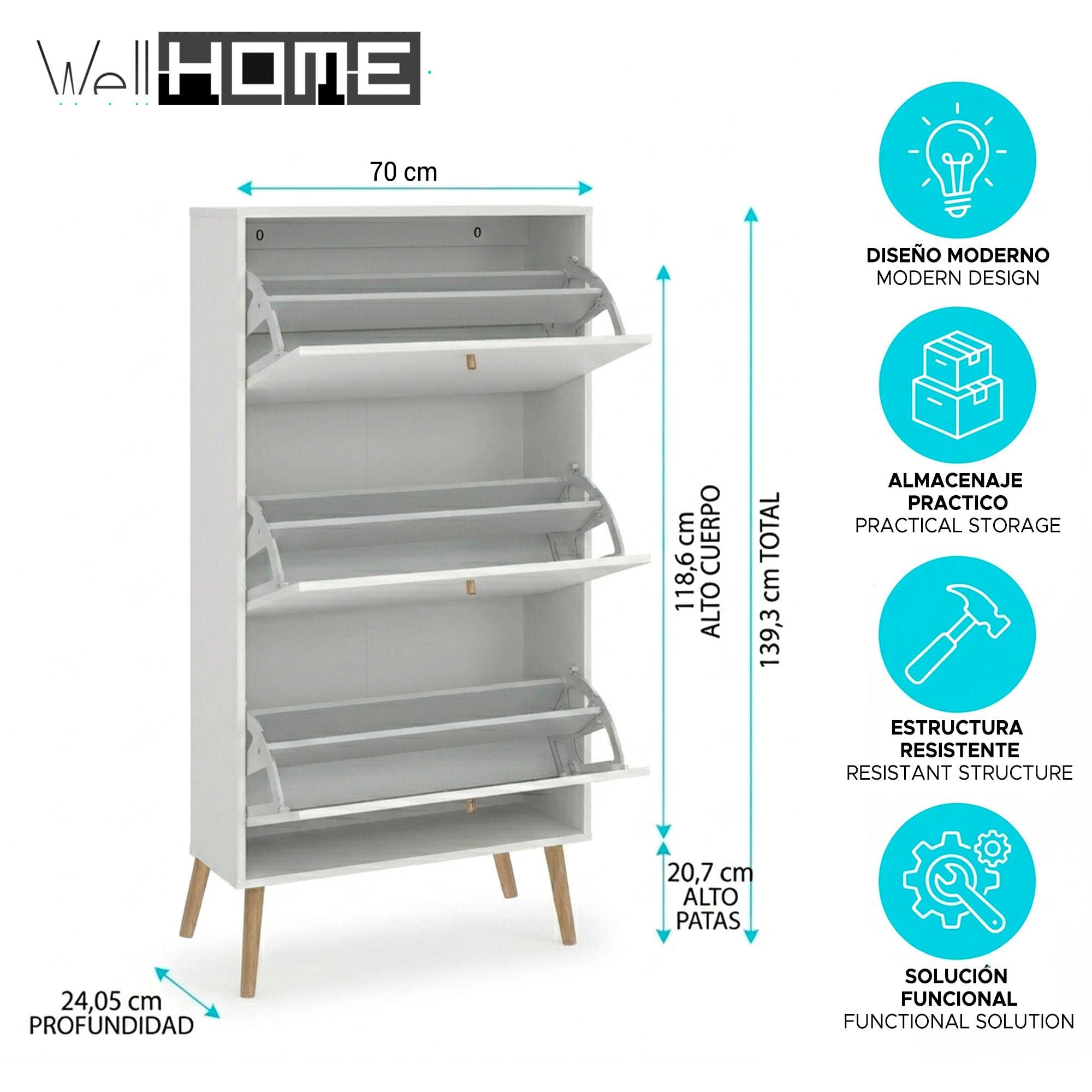 WELL HOME MOBILIARIO & DECORACIÓN Zapatero Abatible Guadiana, Mueble Zapatero con 3 Puertas Abatibles, Blanco, 71 x 25 x 140 cm