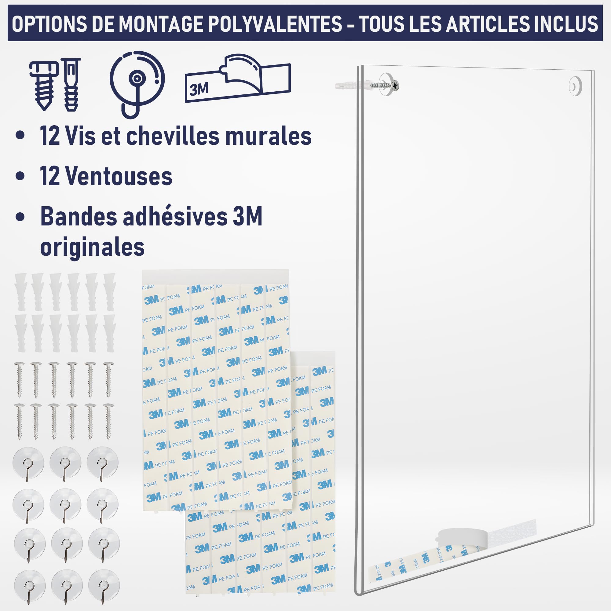Supports de panneau en acrylique transparent avec plusieurs options de montage incluses, Lot de 6, support mural d'affiche, tableau de message en plastique pour la maison, le bureau, le magasin