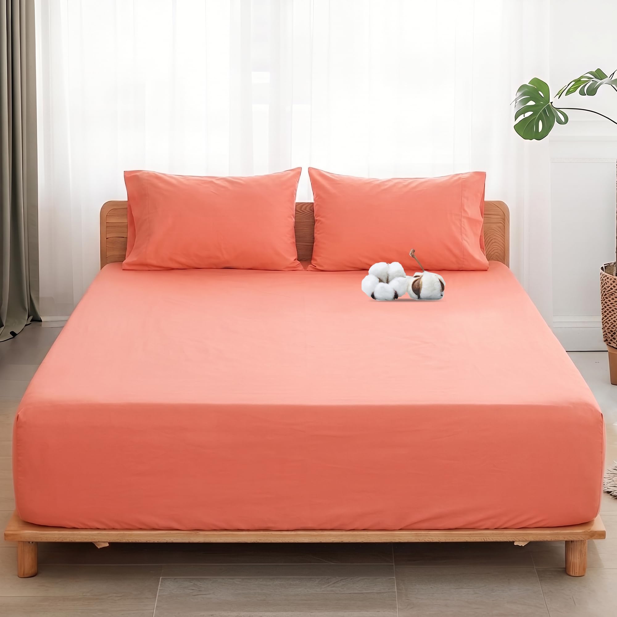 Sylvanora 100% Egyptian Cotton Fitted Sheet,4 Corner Straps,Coral,Double