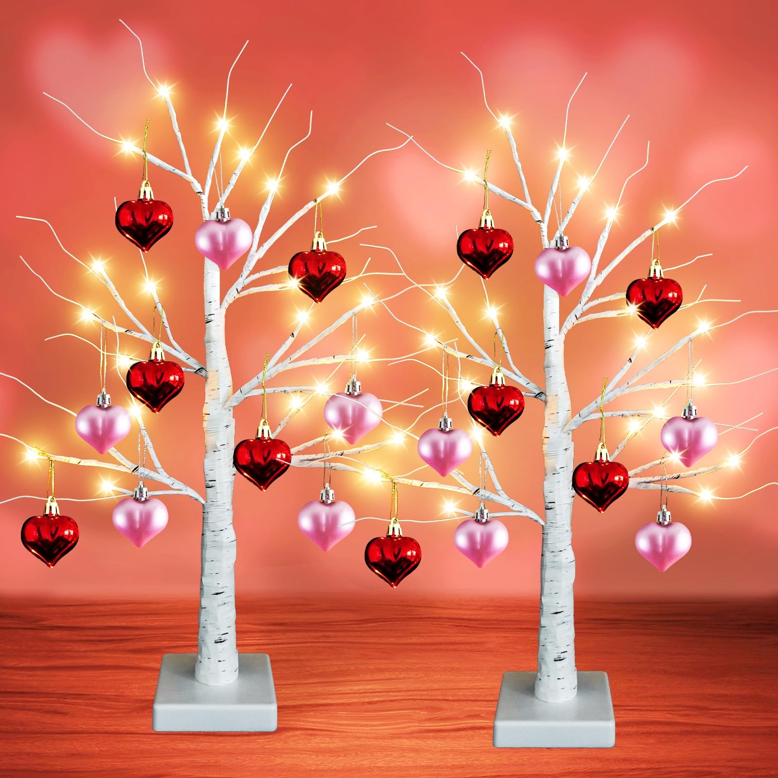 Agusbagli 2Pack 24in Valentines Day Decor Lighted Birch Tree with 10 Heart Ornaments, 24 LED Battery Operated Light Up Tabletop Artificial Tree Lights with Timer Valentine's Day Decorations for Home